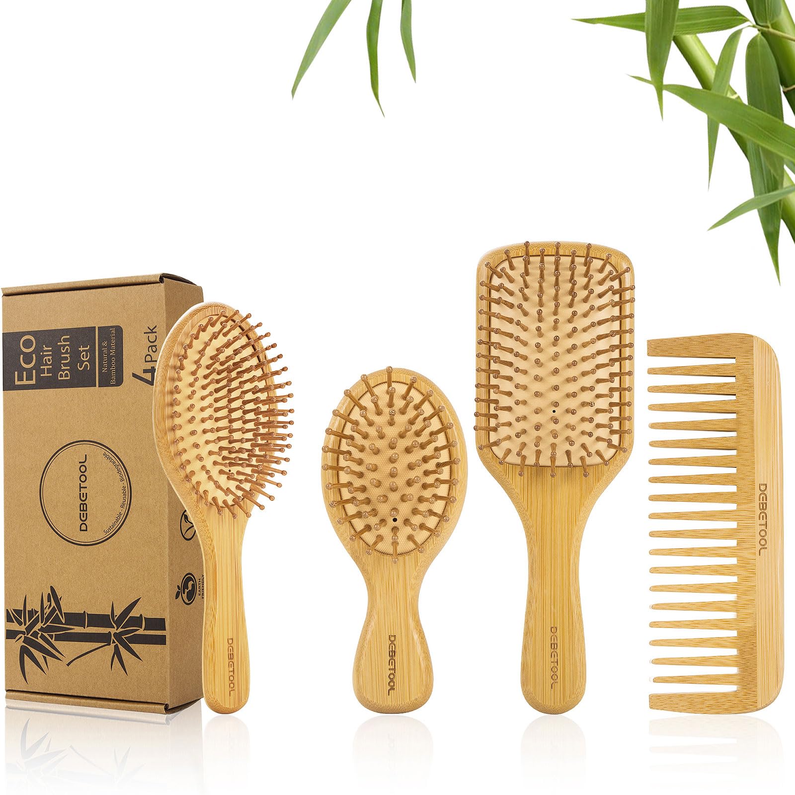 DEBETOOL Bamboo Hair Brush Set, Natural Wooden Bamboo Comb Paddle Detangling Hairbrush for Hair Growth - Wide-tooth and Tail Com