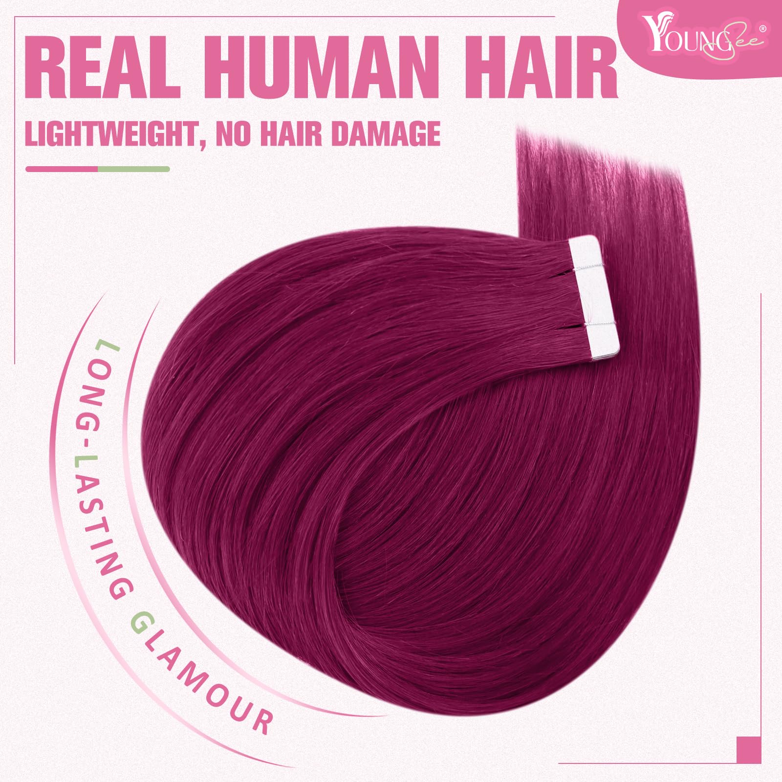 YoungSee Tape in Hair Extensions Human Hair Magenta 10pcs 20g Invisible Tape in Hair Extensions Human Hair Red 12 Inch Magenta H