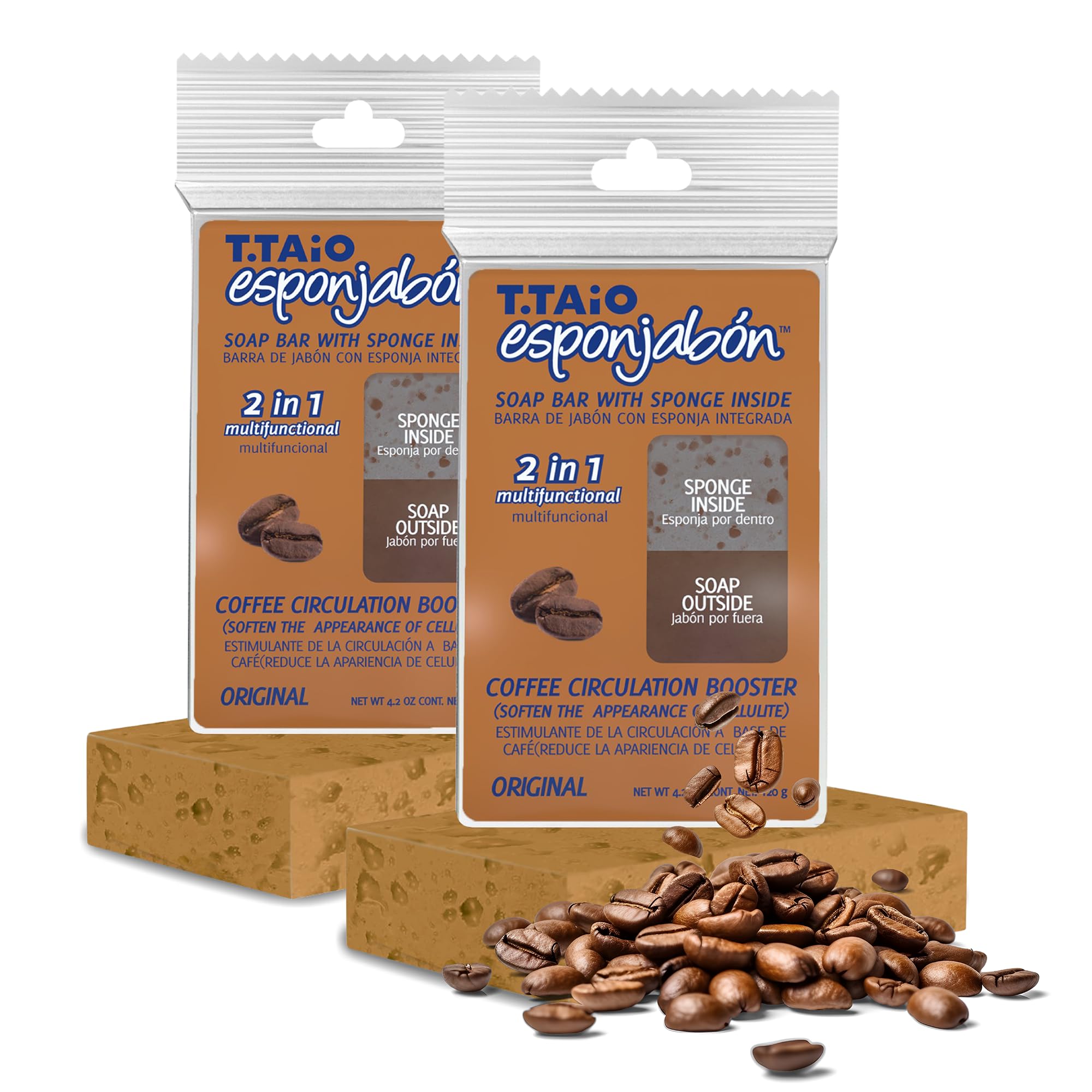 T.Taio Coffee Esponjabon Soap Sponge - Cleansing Shower Scrubber - Cleaning Bath Wash Scrub - Oil Removal - Massage & Lather Foo