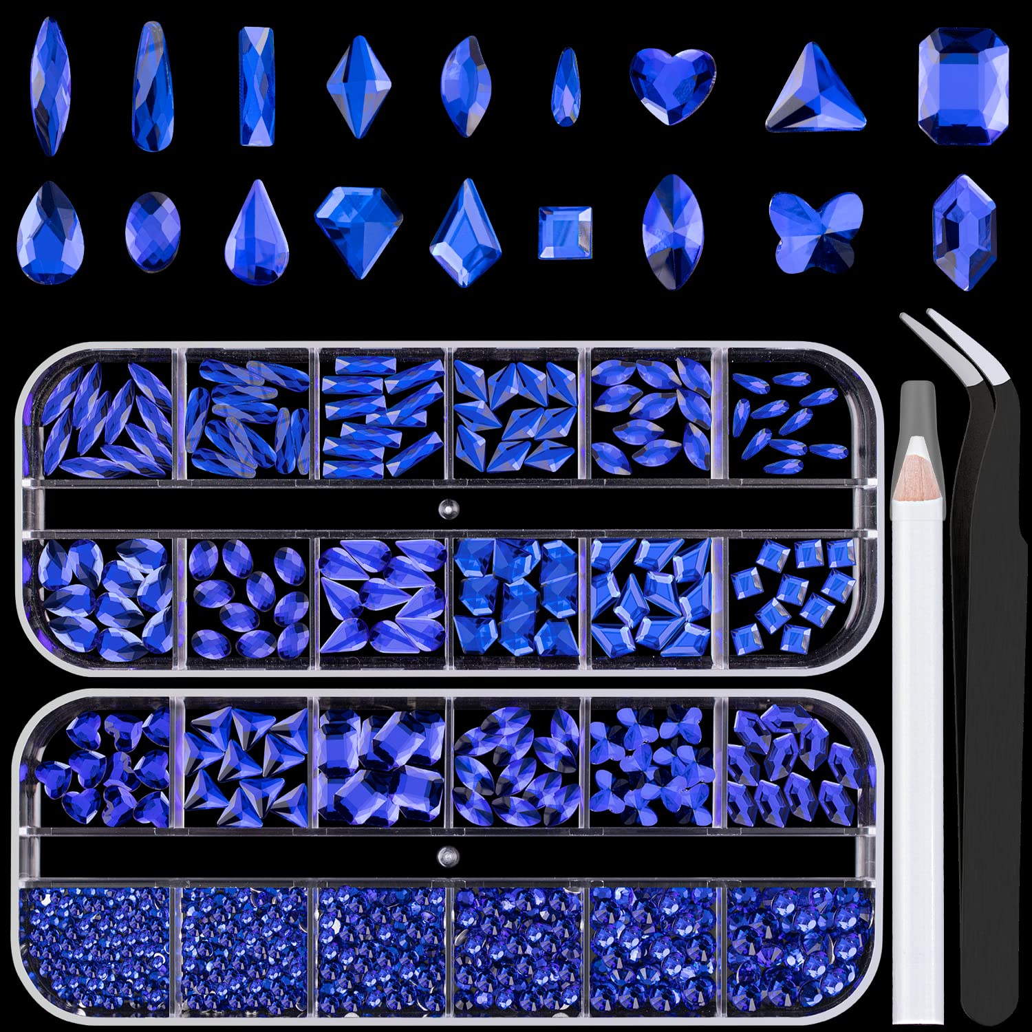 18 Styles Multi-shaped Glass Gemstones for Nails and 6 Sizes Round Crystal Rhinestones Kit #7, Royal Blue Nail Art Charm Bead Ma