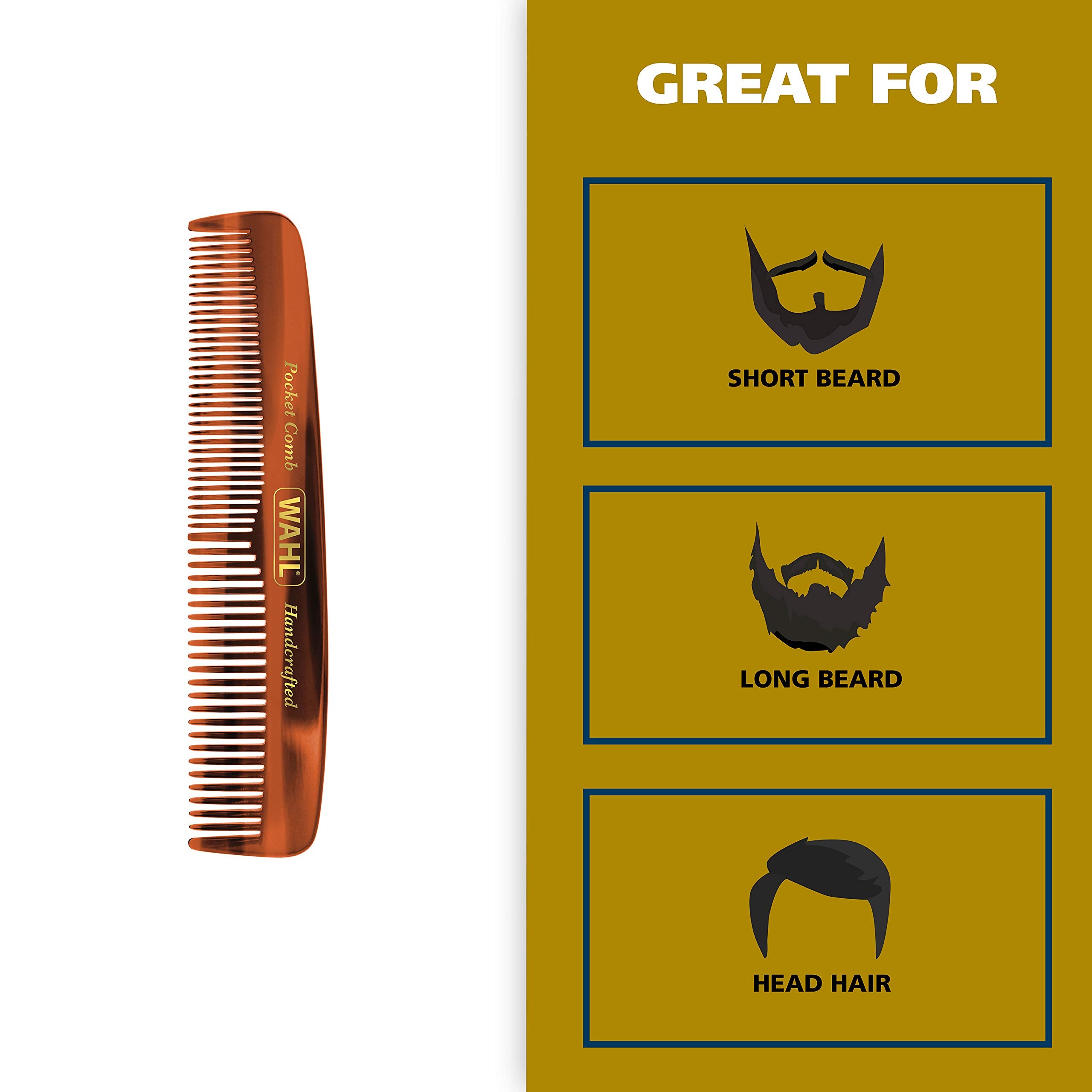 Wahl Beard, Mustache, & Hair Pocket Comb For Men'S Grooming - Handcrafted & Hand Cut With Cellulose Acetate - Smooth, Rounded Ta