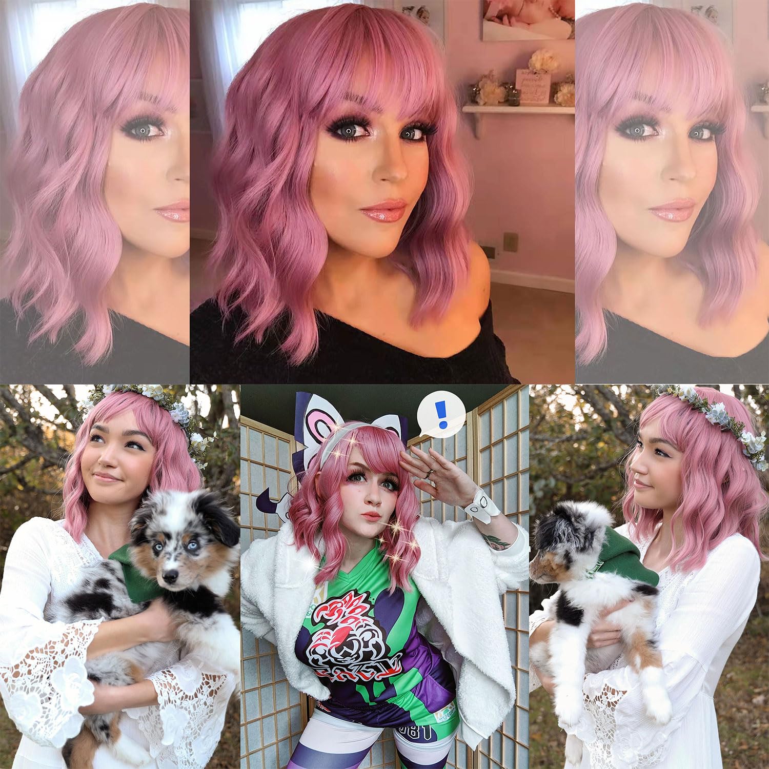Vckovcko Pastel Wavy Wig With Air Bangs Women'S Short Bob Purple Pink Wigs Curly Wavy Shoulder Length Pastel Bob Wigs Synthetic