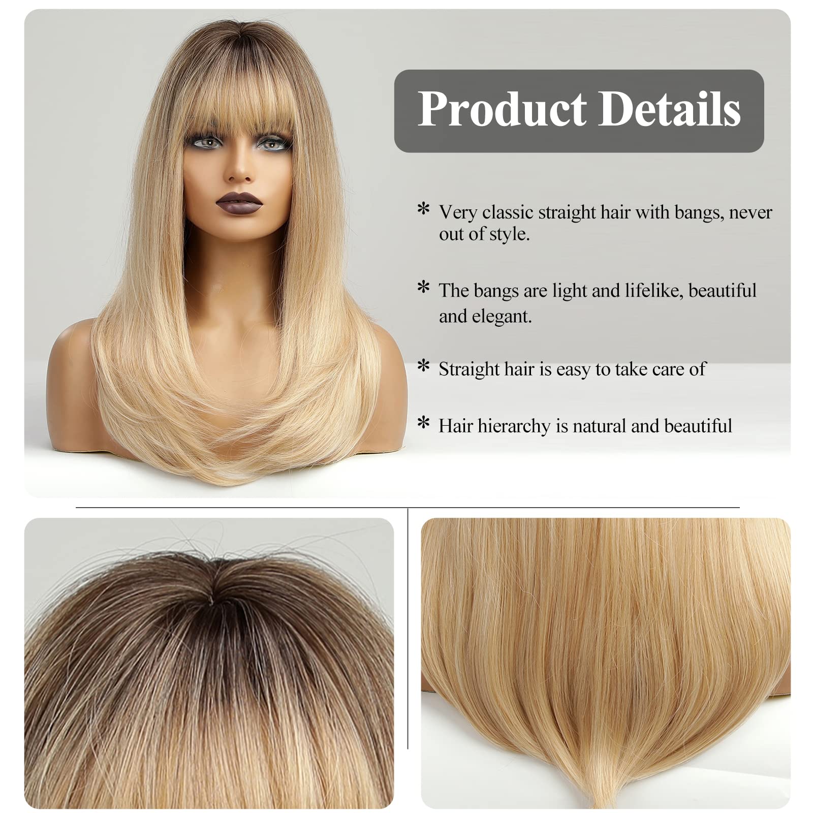 Haircube Ombre Blonde Long Straight Wig With Bangs Dark Root Long Hair With Bangs Natural Appearance Heat-Resistant Synthetic Wi