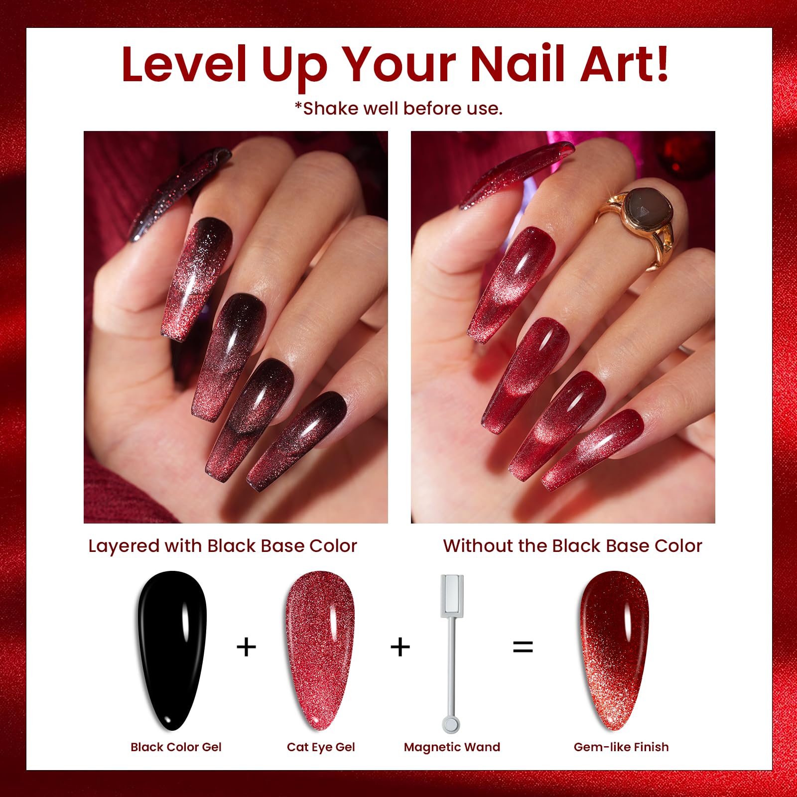 Beetles Cat Eye Christmas Gel Nail Polish Set 6 Colors, Glitter Red Shiny Brown Burgundy Purple Blue Green Magnetic Effect Spark