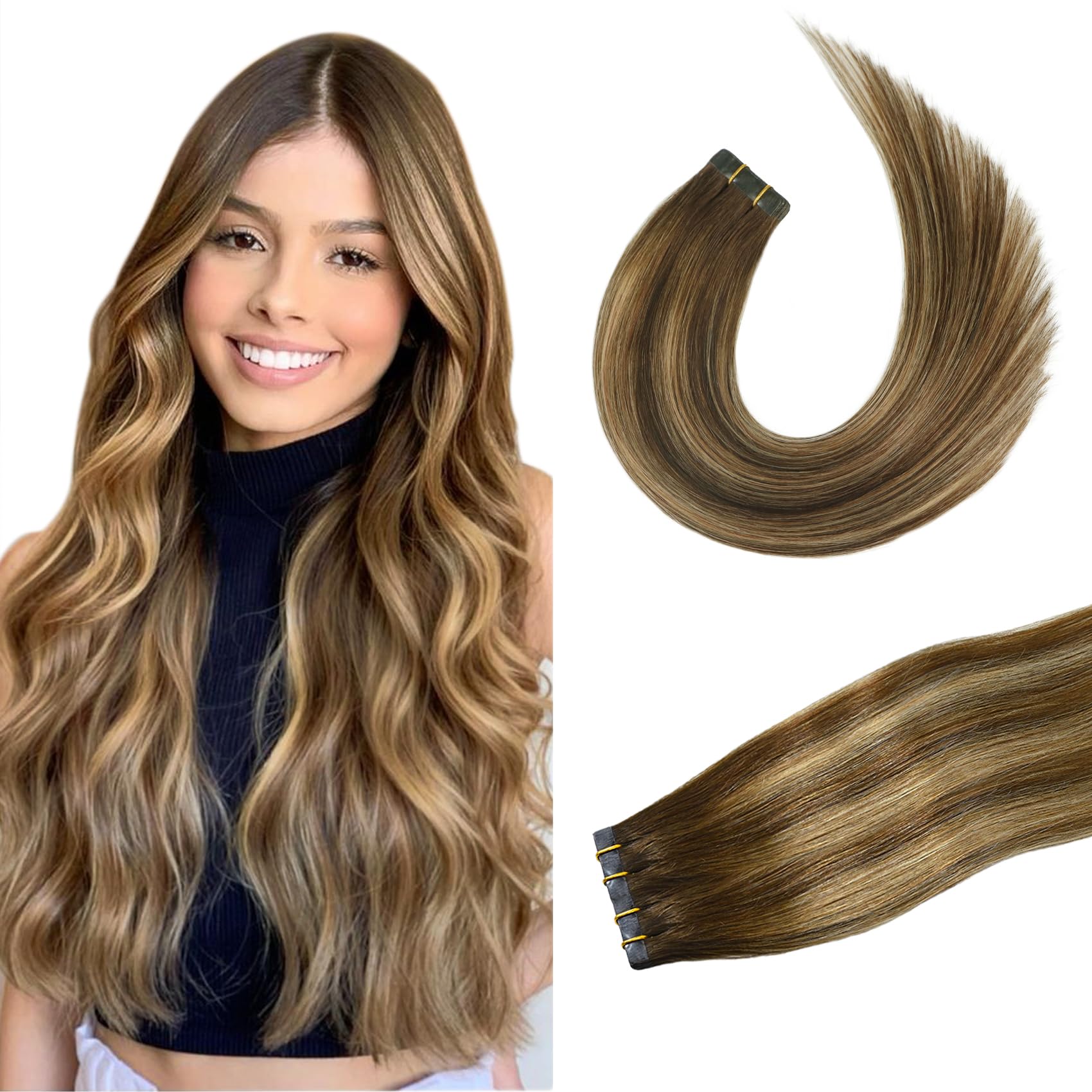 Tape in Hair Extensions 4T27P4 Chocolate Brown To Dark Blonde 100% Remy Human Hair Extensions Silky Straight for Fashion Women 2