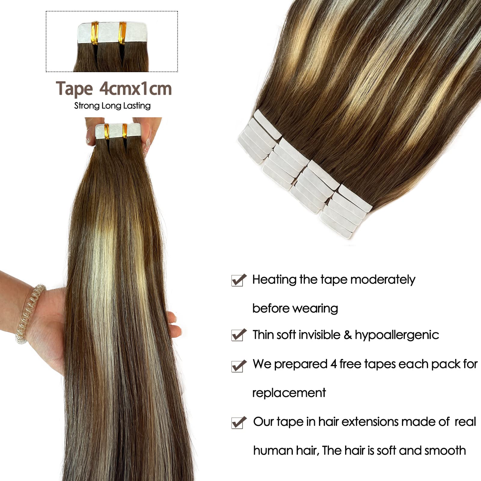 Highlighted Tape In Hair Extensions Human Hair 16Inch Omber Walnut Brown To Ash Brown With Medium Blonde Double Sided Tape In Re
