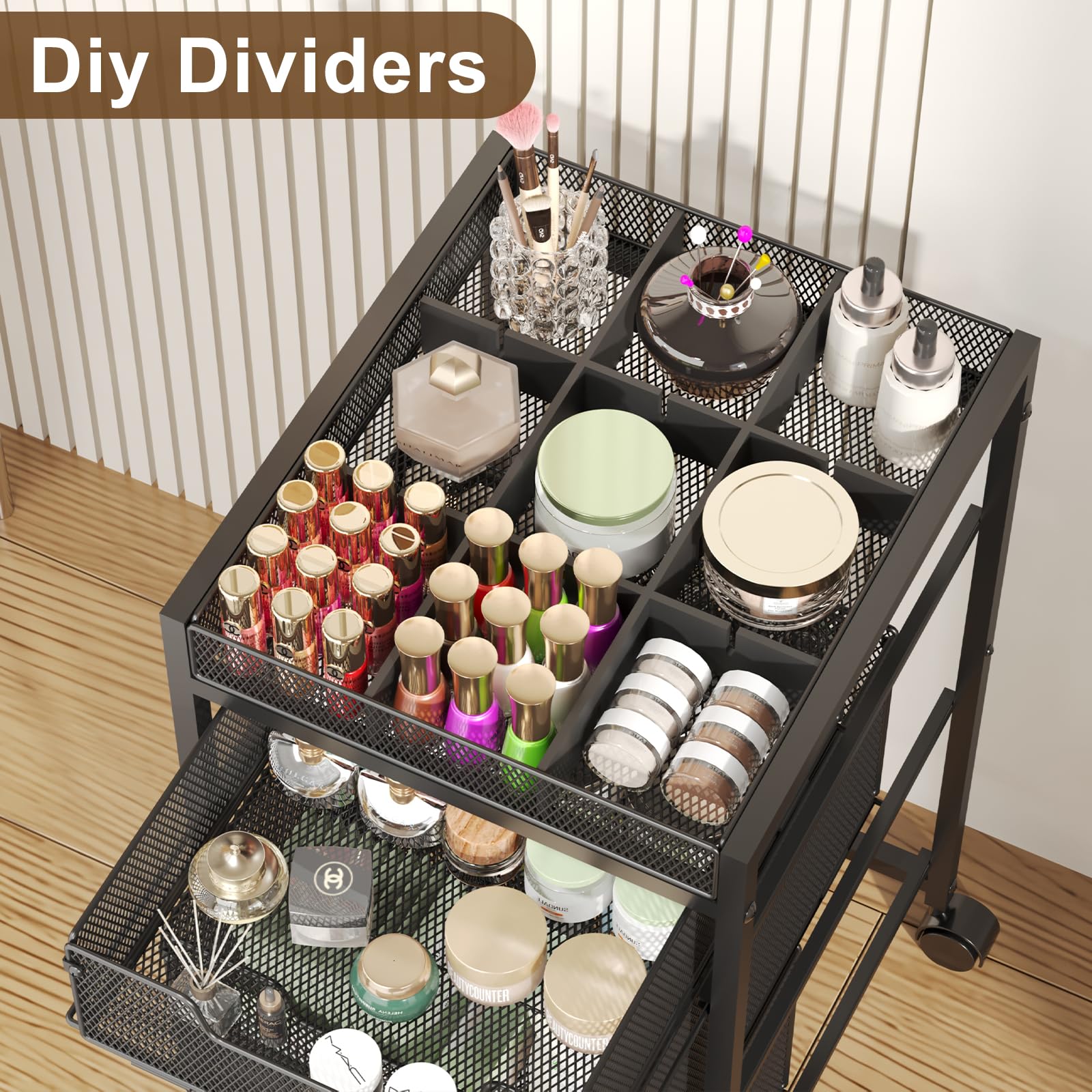 JKsmart Rolling Makeup Cart Organizer with 3 Drawers, Cosmetics Display with Dividers, Floor Skincare Storage with Wheels, Versa