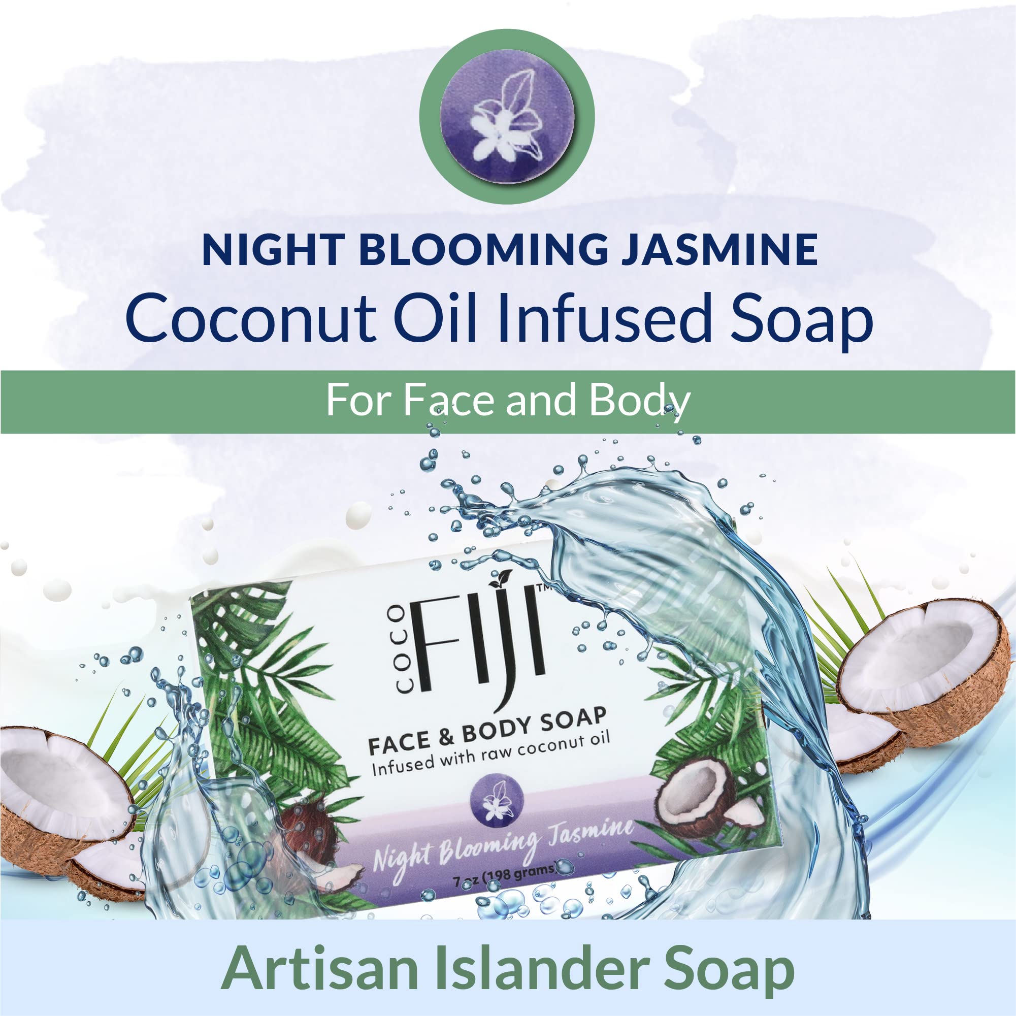Coco Fiji Soap Bar for Face and Body Infused With Organic Coconut Oil, Night Blooming Jasmine Essential Oil, Natural Soap for Mo