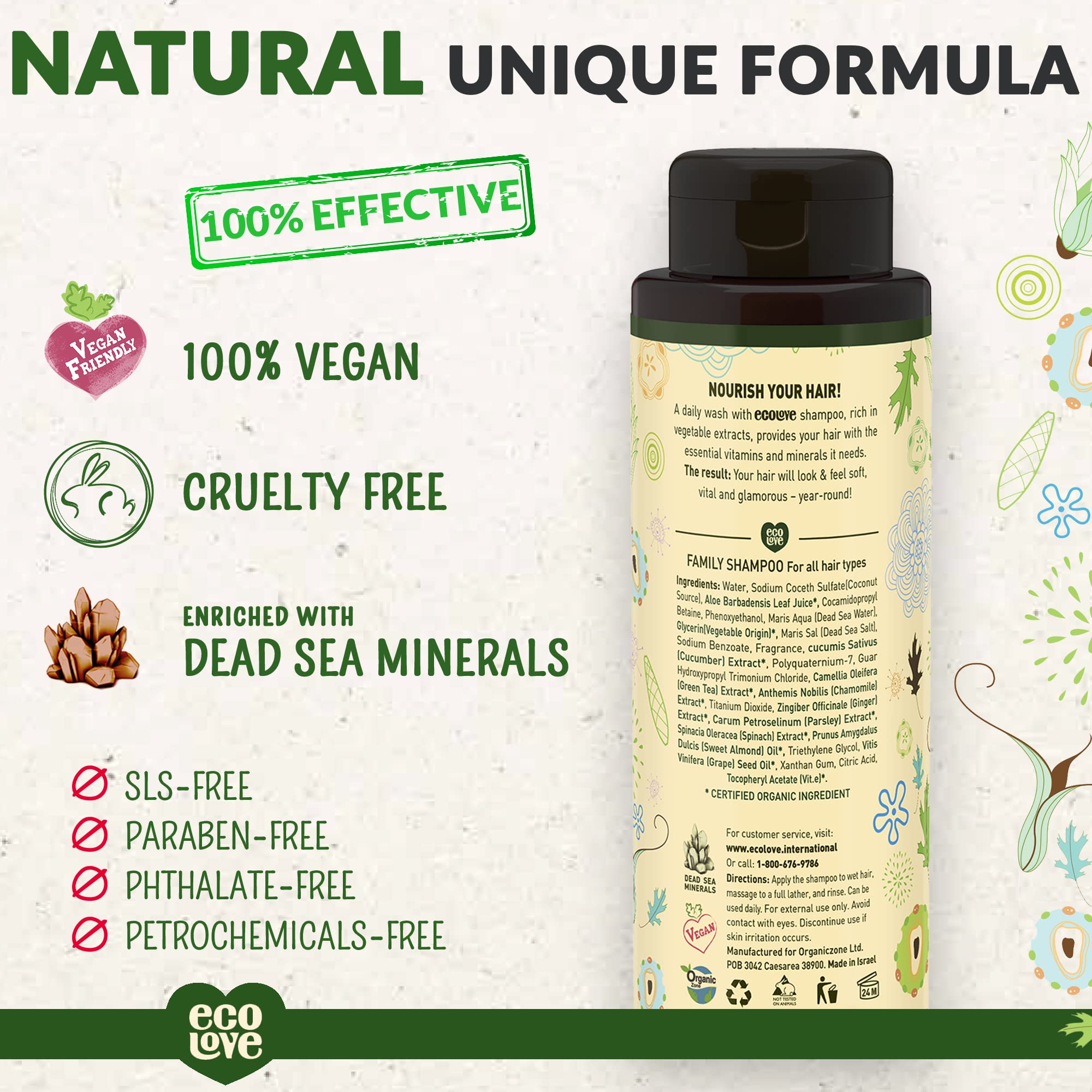 Ecolove - Natural Shampoo For All Hair Types,Sodium Lauryl Sulfate Free, Vegan & Cruelty Free Shampoo, Organic Cucumber Extract,