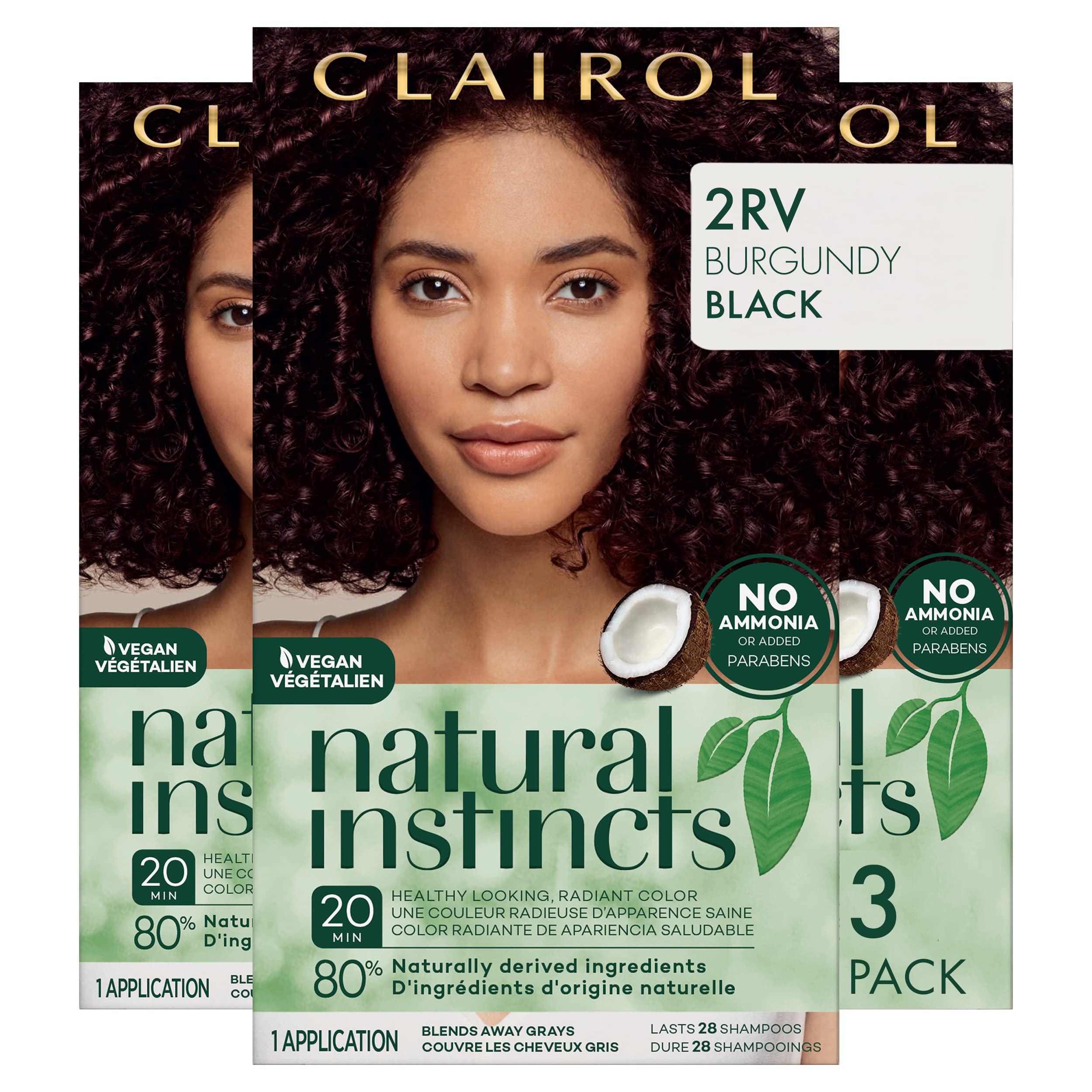 clairol Natural Instincts Demi-Permanent Hair Dye, 2RV Burgundy Black Hair color, Pack of 3
