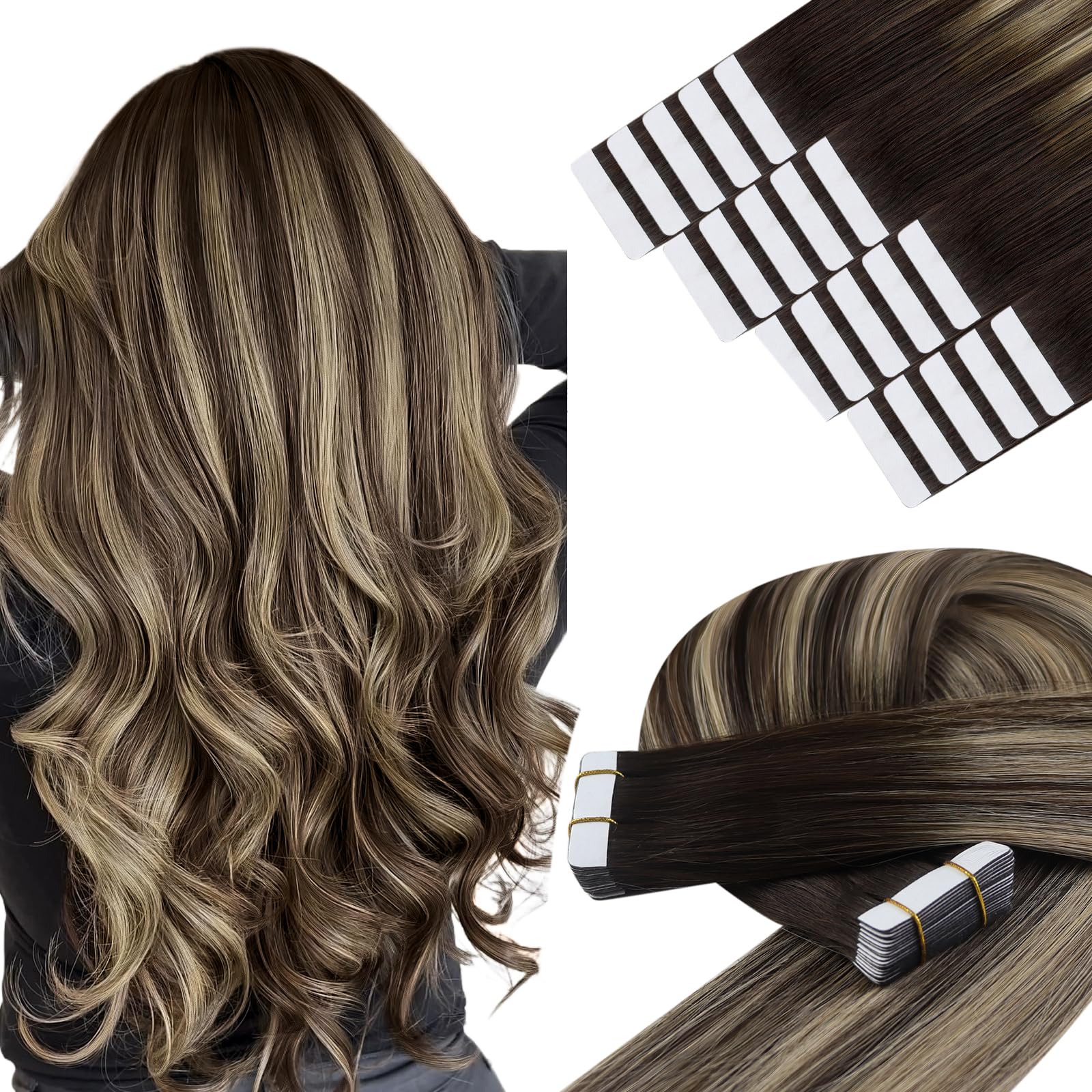 YoungSee Tape in Hair Extensions Human Hair Balayage Tape Hair Extensions Real Human Hair Dark Brown with Ash Blonde Balayage Hu