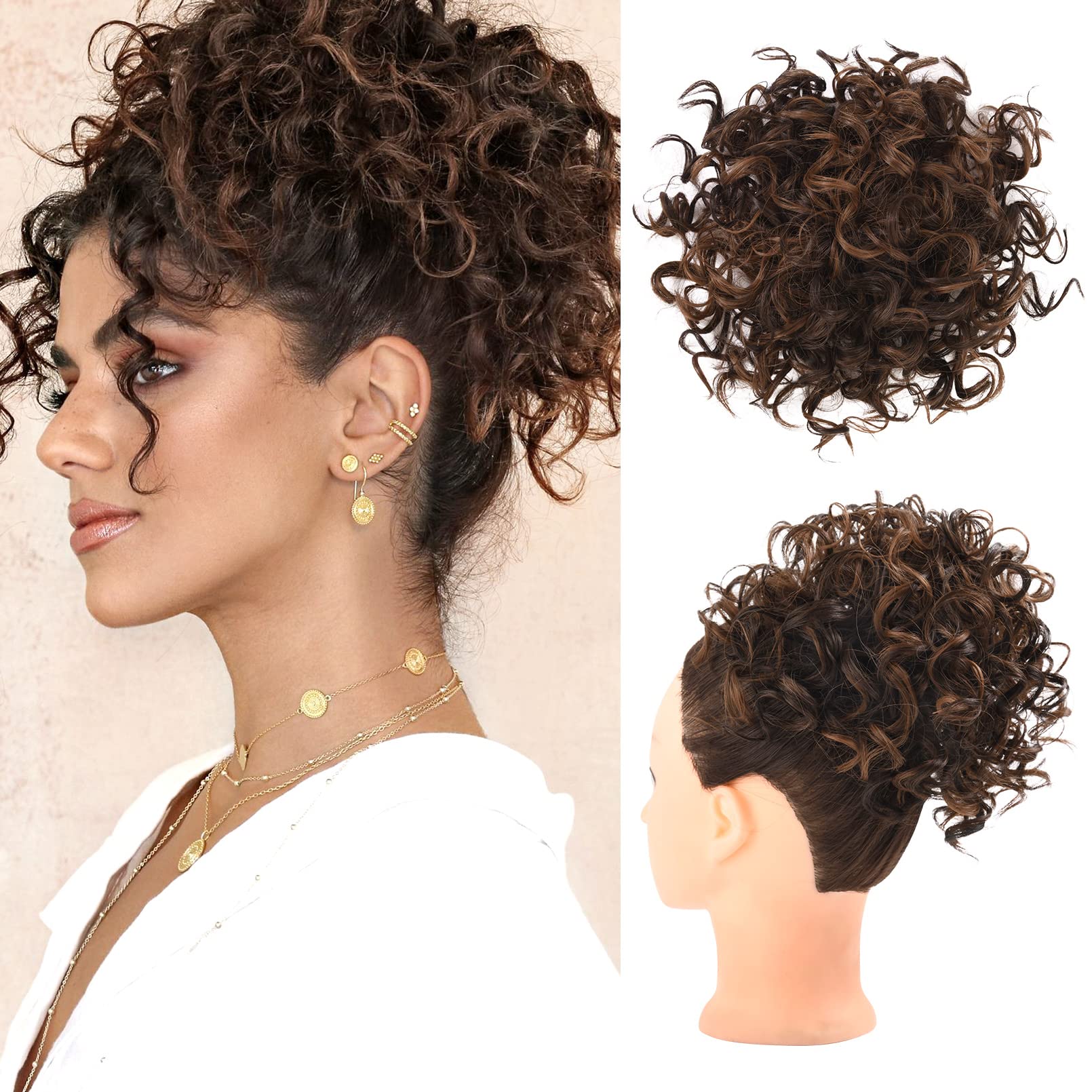 HOOJIH Curly Hair Bun, Messy Bun Hair Piece Elastic Drawstring Loose Wave Messy Bun Large Full Hair Bun Extension Hairpiece Shor