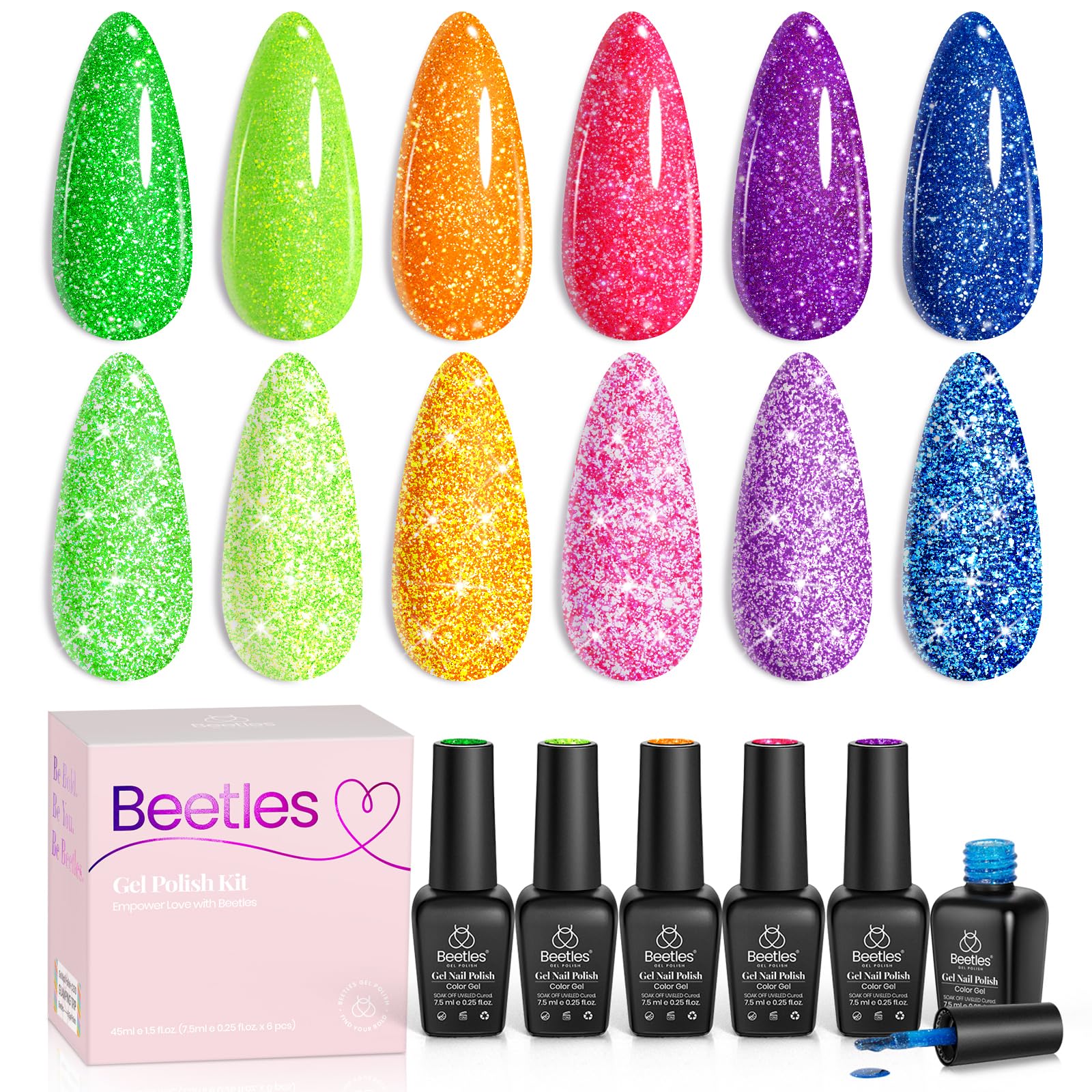 Beetles Reflective Glitter Neon Gel Polish Set, 6 Colors Gel Nail Polish Set Nails Gel Blue Hot Pink Purple Soak Off Uv Led Gel 