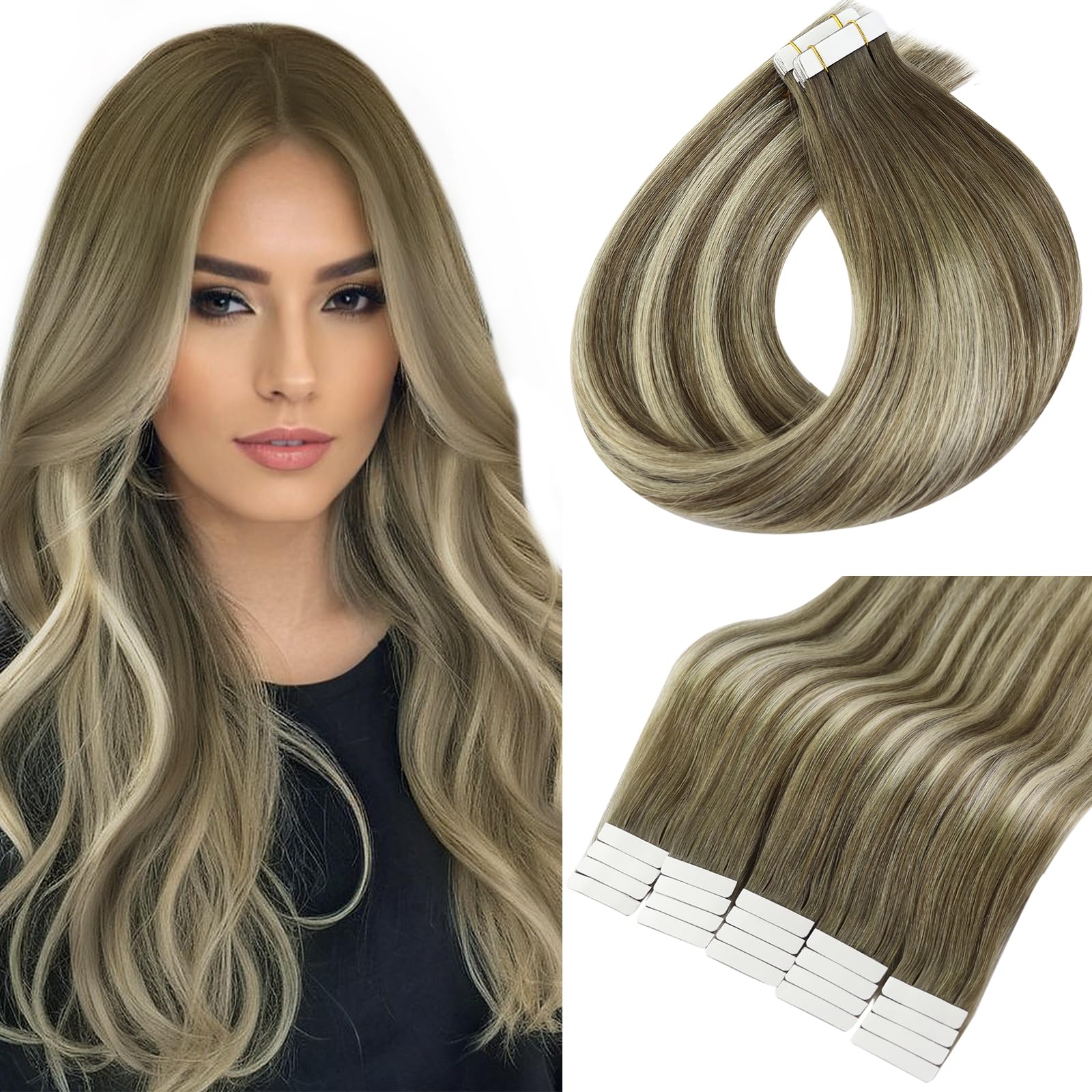 Full Shine Human Hair Extensions Tape In Balayage Brown Ombre Ice Blonde 7/1000/7 Invisible Tape In Hair Extensions 14 Inch Doub