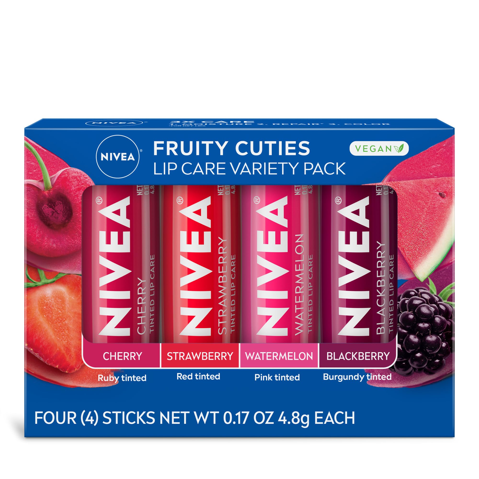Nivea Lip Care, Fruit Lip Balm Variety Pack, Tinted Lip Balm, 0.17 Oz, Pack Of 4