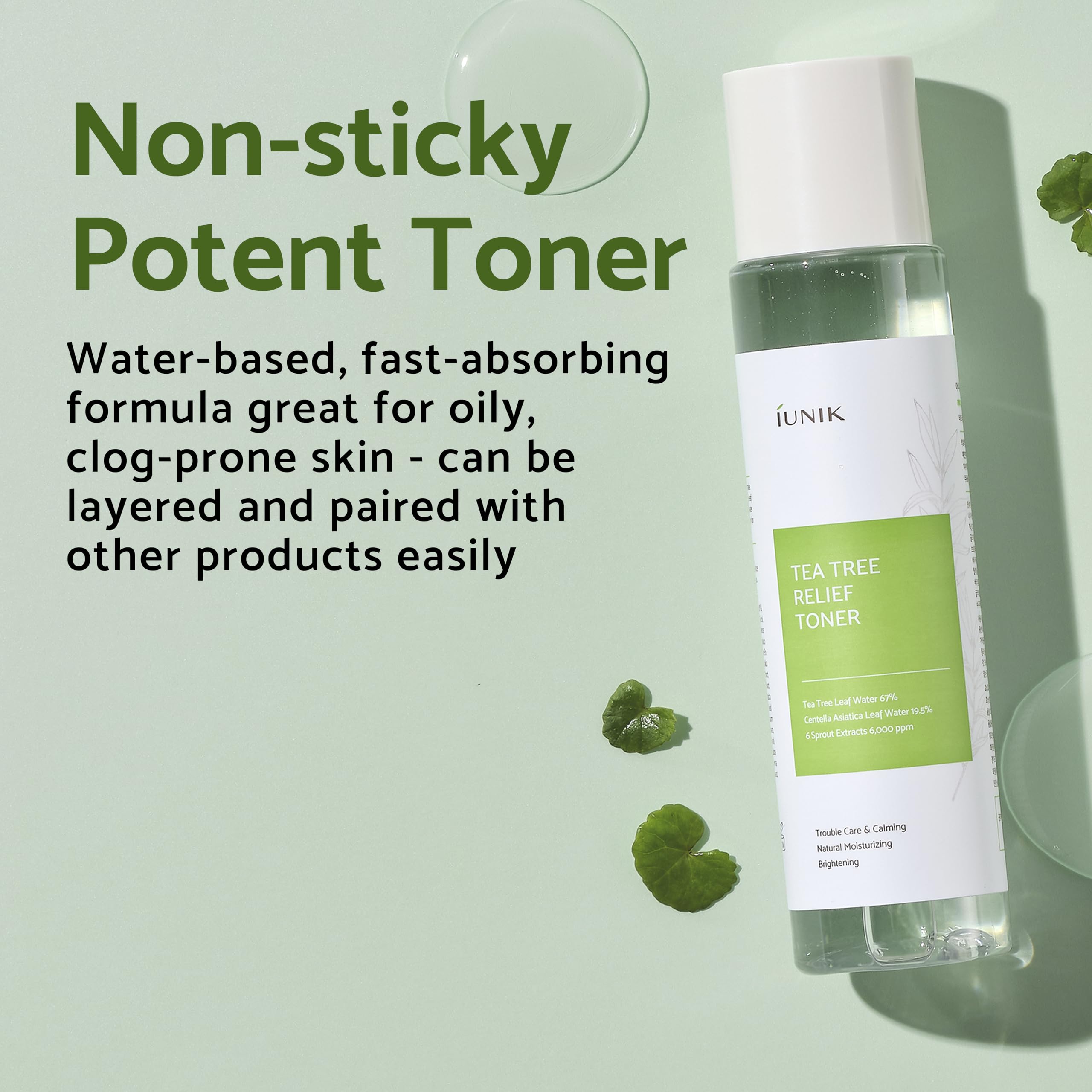 IUNIK Tea Tree Relief Vegan Face Toner - Facial Moisturizer Acne-Prone Irritated Skin w Tea Tree 67% Centella Asiatica 19.5% 6.7