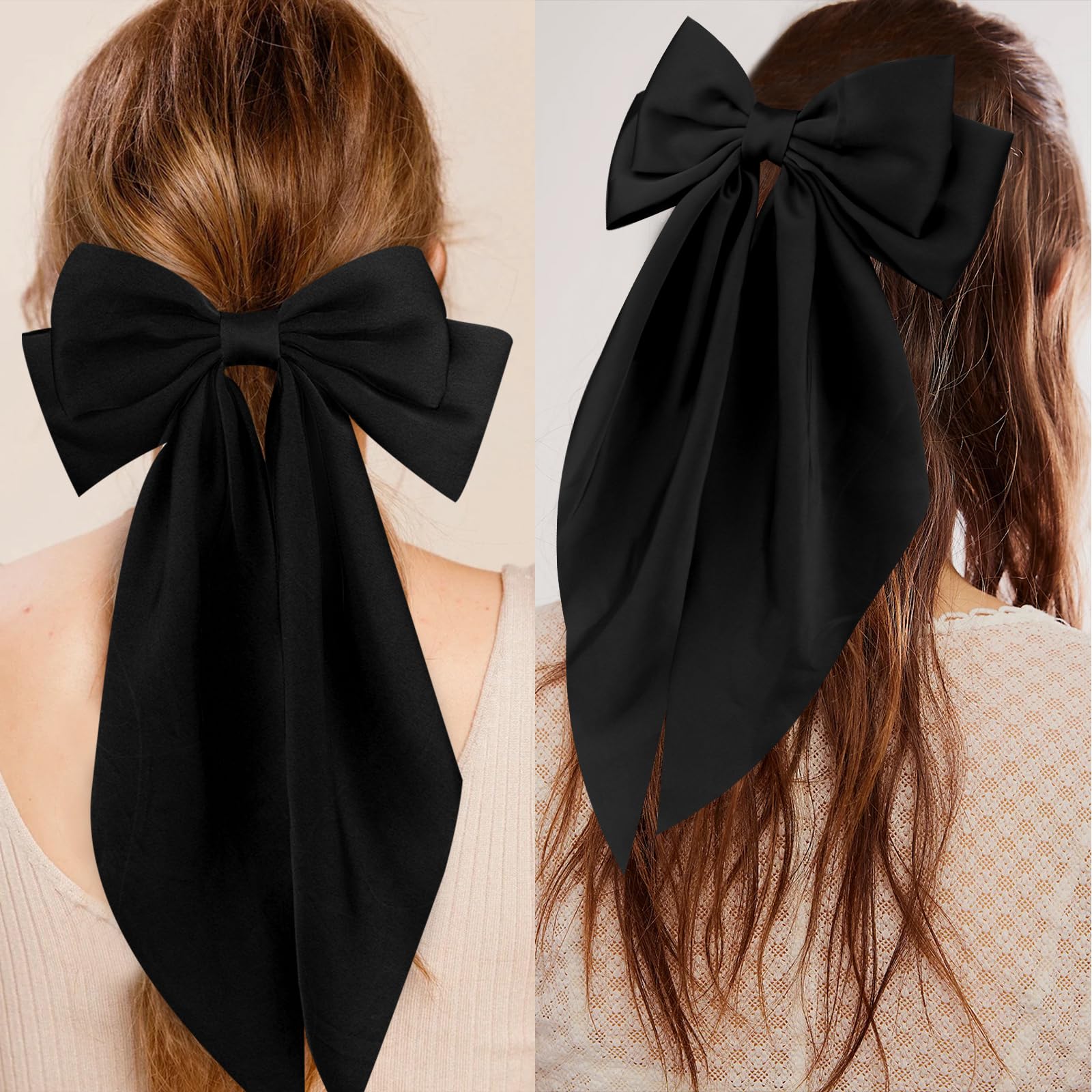 Wecoe 4Pcs Black Satin Hair Accessories - Large Bows, Barrettes With Long Tails, Cute Clips For Women & Girls, Valentine'S Day G