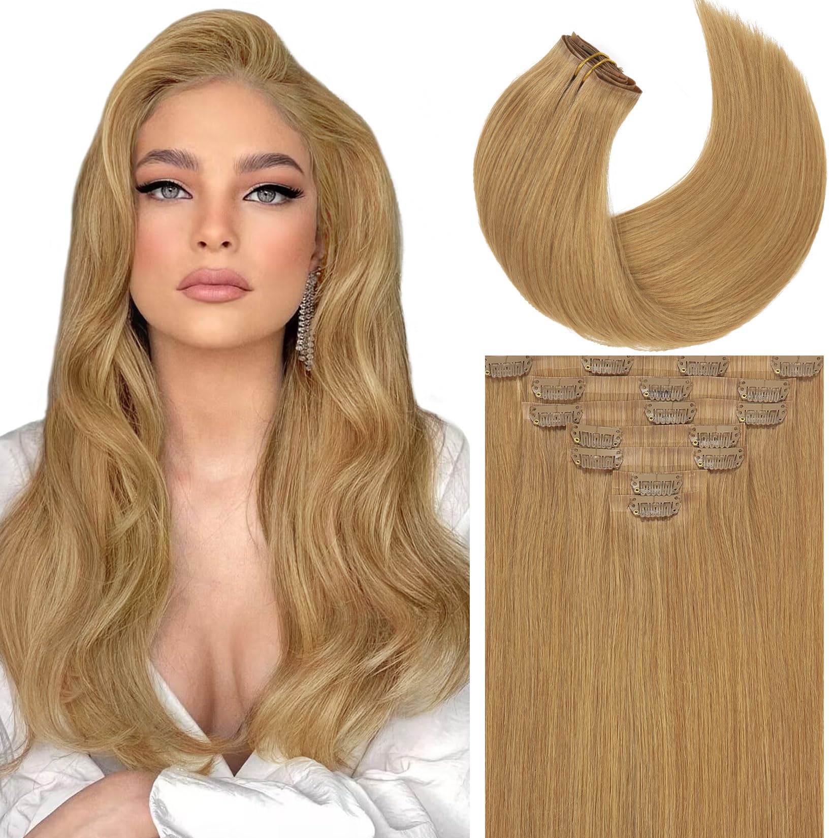 Caliee Clip in Hair Extensions for Thin Hair 7Pcs Double Weft Straight Full Head Seamless Hair Extensions Clip in Human Hair Nat