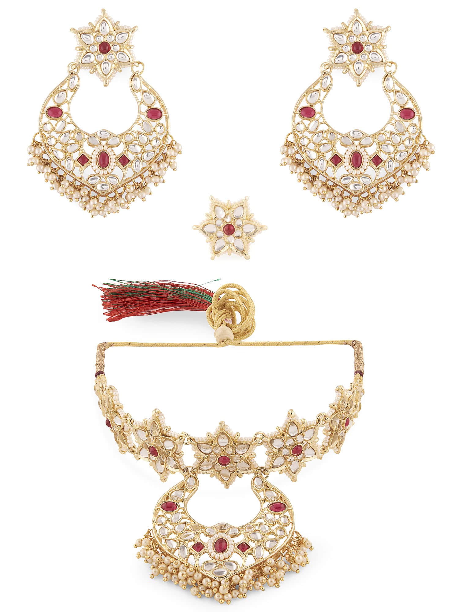 Zaveri Pearls Pink Kundan & Pearls Traditional Choker Necklace Earring & Ring Set For WomenZpfk13523