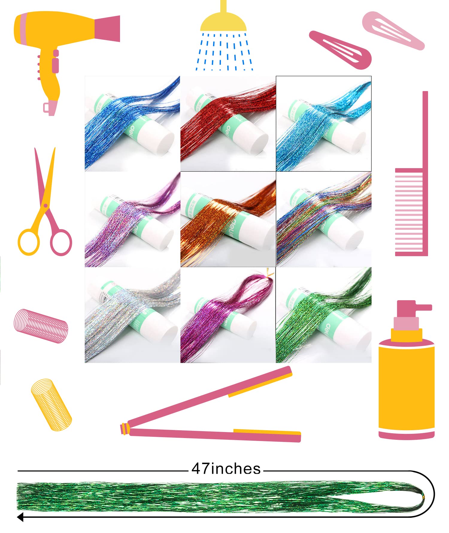 Hair Tinsel Kit 12 Colors Hair Extensions 48 Inches 2500 Strands Sparkling Tinsel For Christmas New Year Halloween Cosplay Party