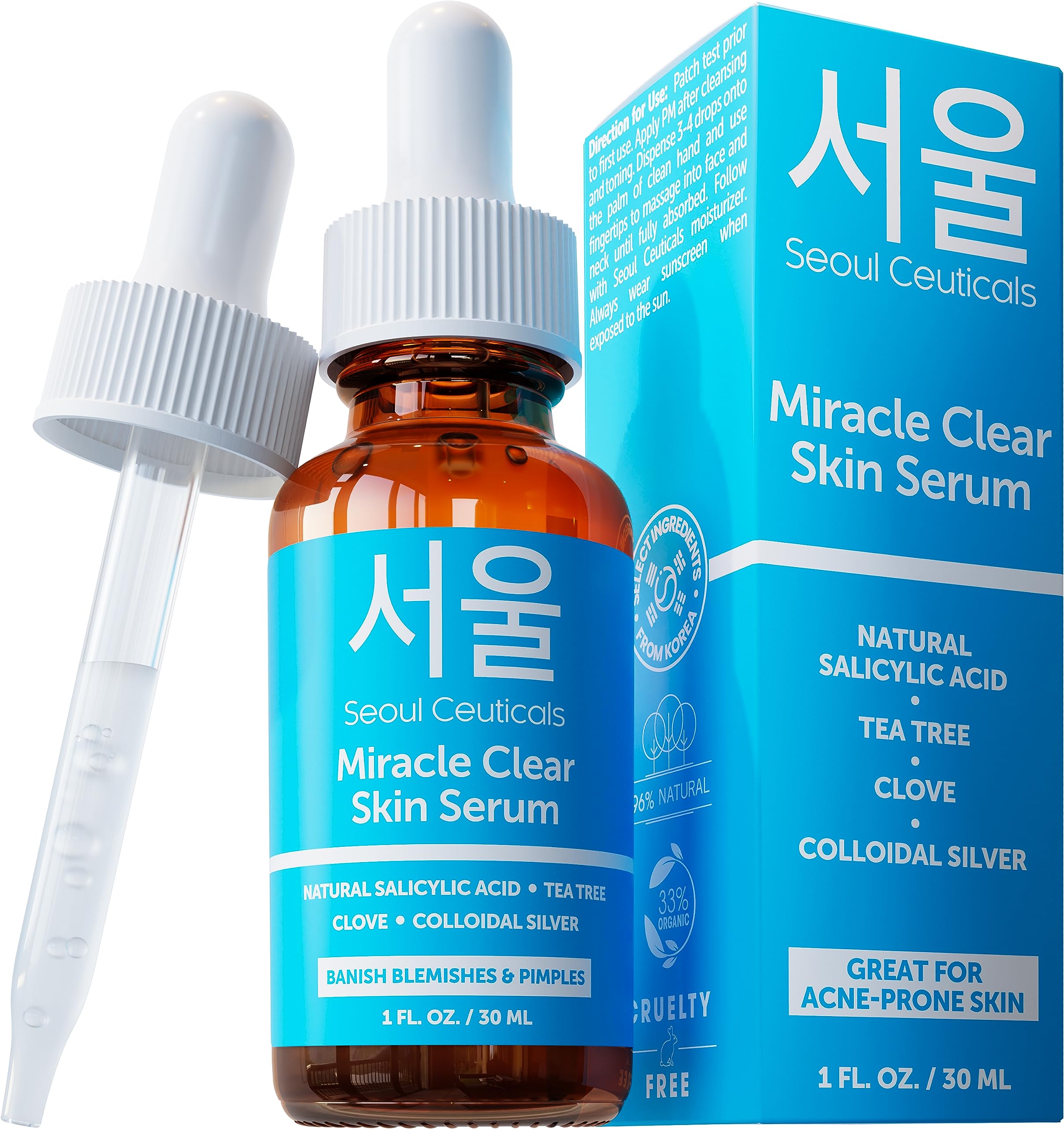 Seoulceuticals Korean Acne Serum, Skin Care Treatment For Acne Prone Skin - Rapid Action Salicylic Acid, Tea Tree & Clove For Ev