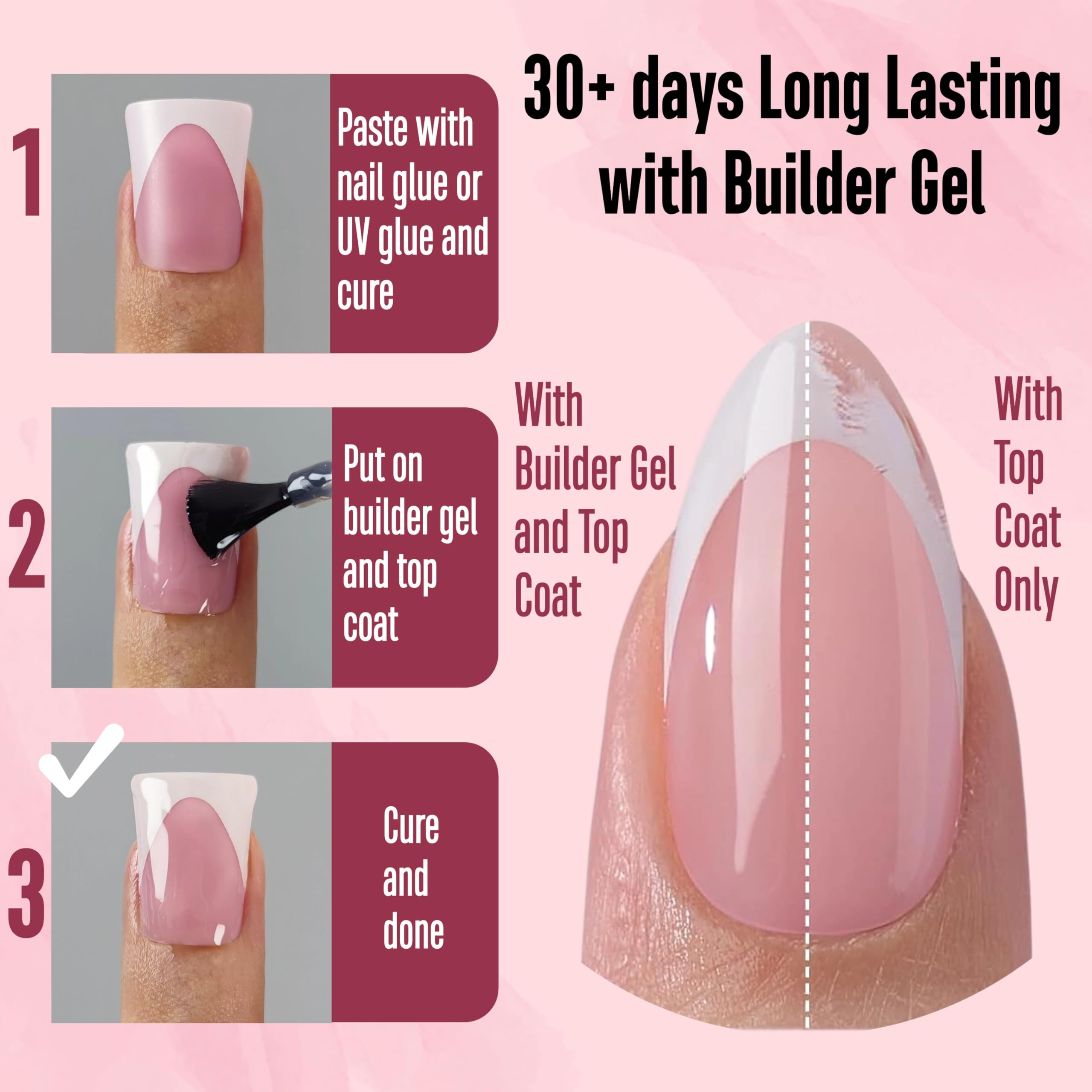 NOVO OVO French Tip Short Duck Nail Tips Press on, Pre-designed Soft Gel Nail Extension, BERRY PINK Pre-applied Tip Primer & Bas
