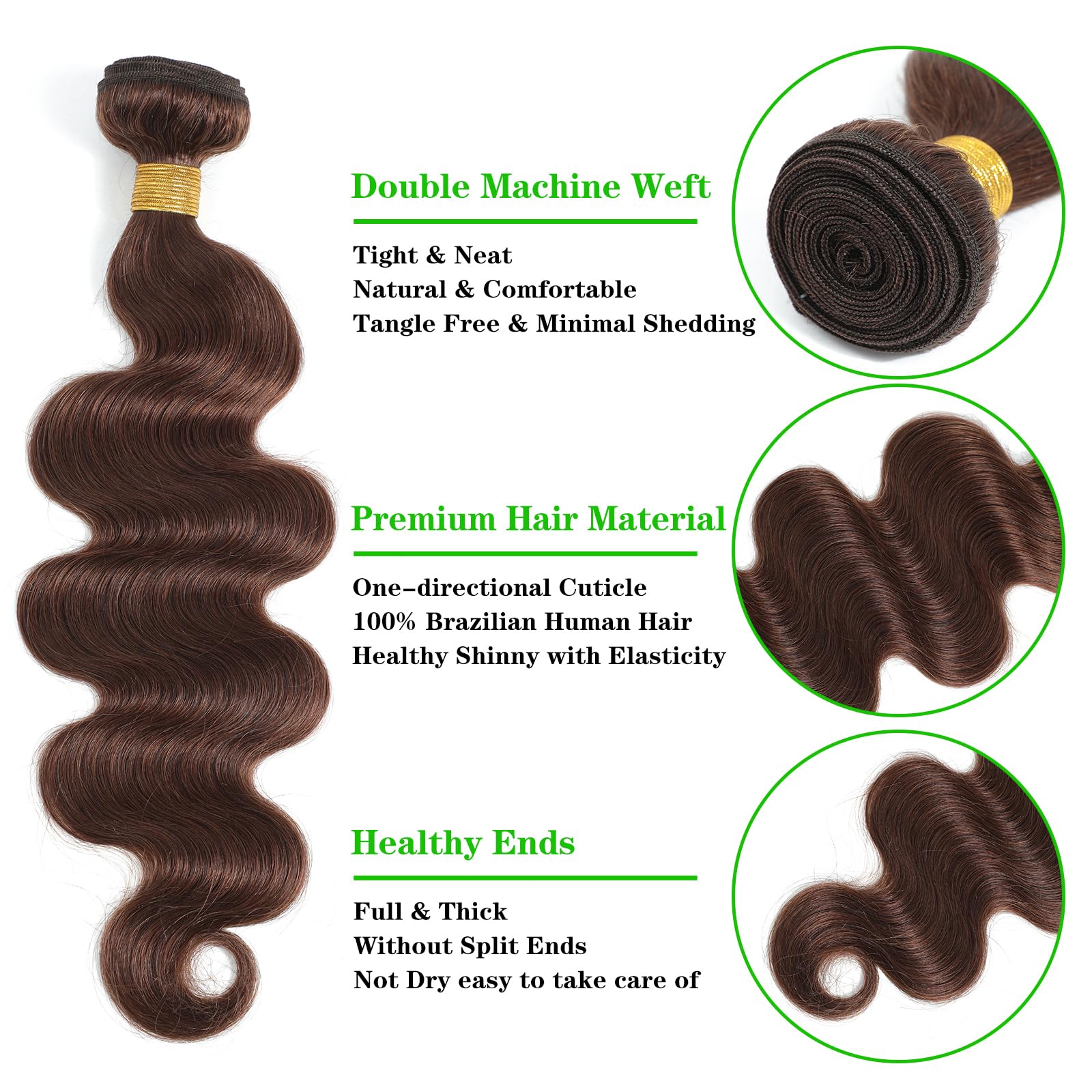 Kapelli Hair 10A Human Hair Bundles Light Brown Brazilian Virgin Hair Body Wave (#4, 18 20 22) Brazilian Human Hair 100% Unproce
