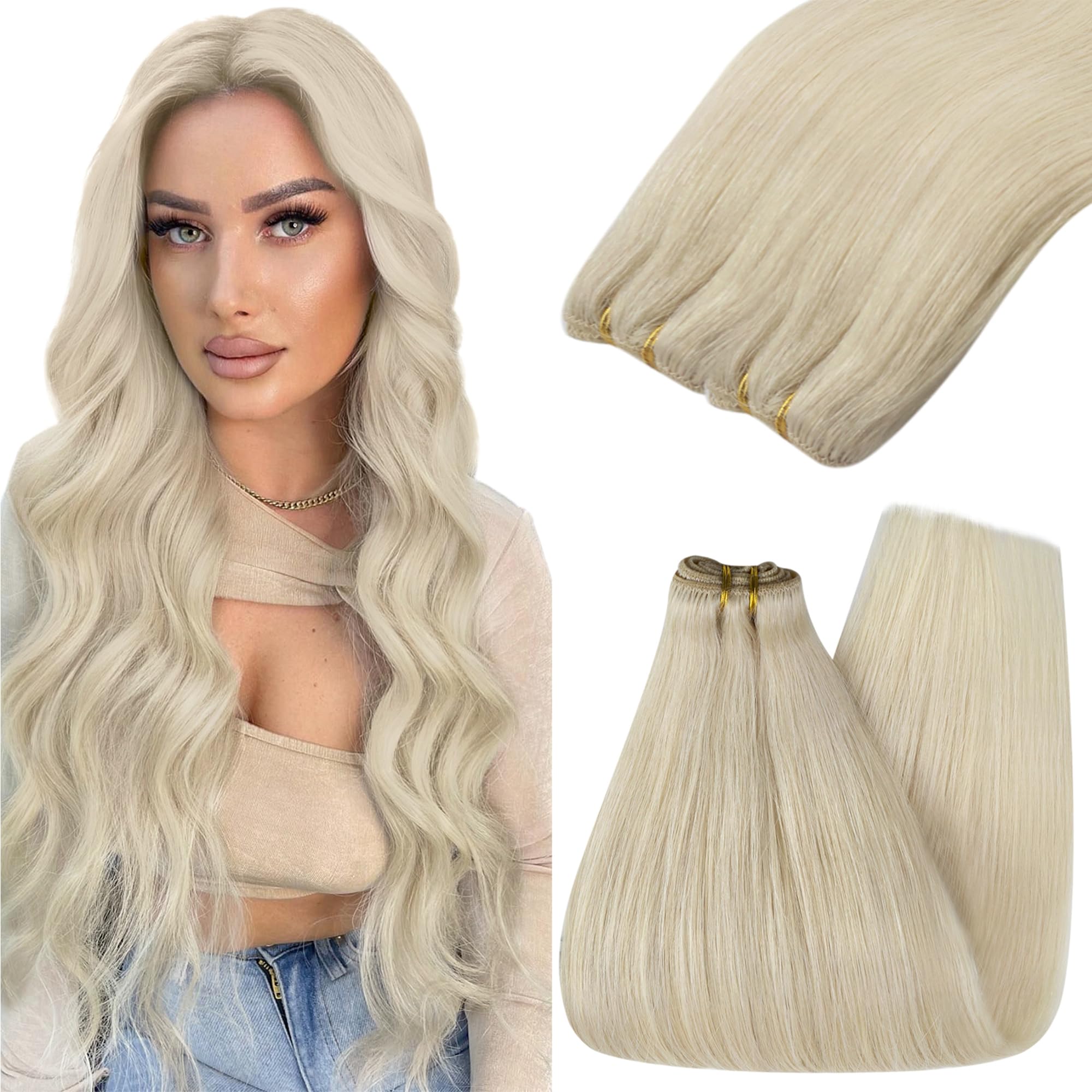 YoungSee 100G Weft Hair Extensions Blonde 14inch Sew in Real Hair Extensions Platinum Blonde Weft Extensions Human Hair Straight