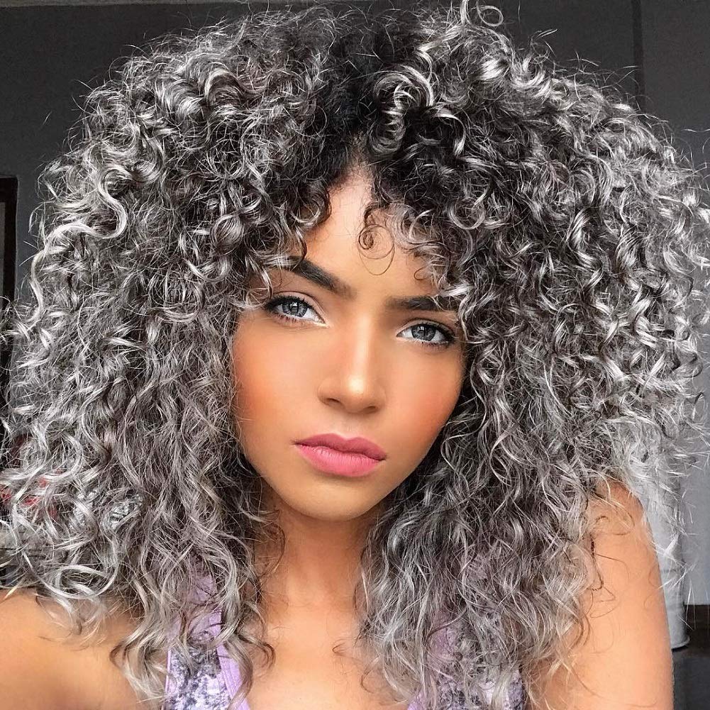 YEAME Curly Wigs for White Women - Kinky Curly Afro Wig with Bangs Ombre Gray Color Synthetic Mixed Wigs with 1 Wig Comb and 4pc