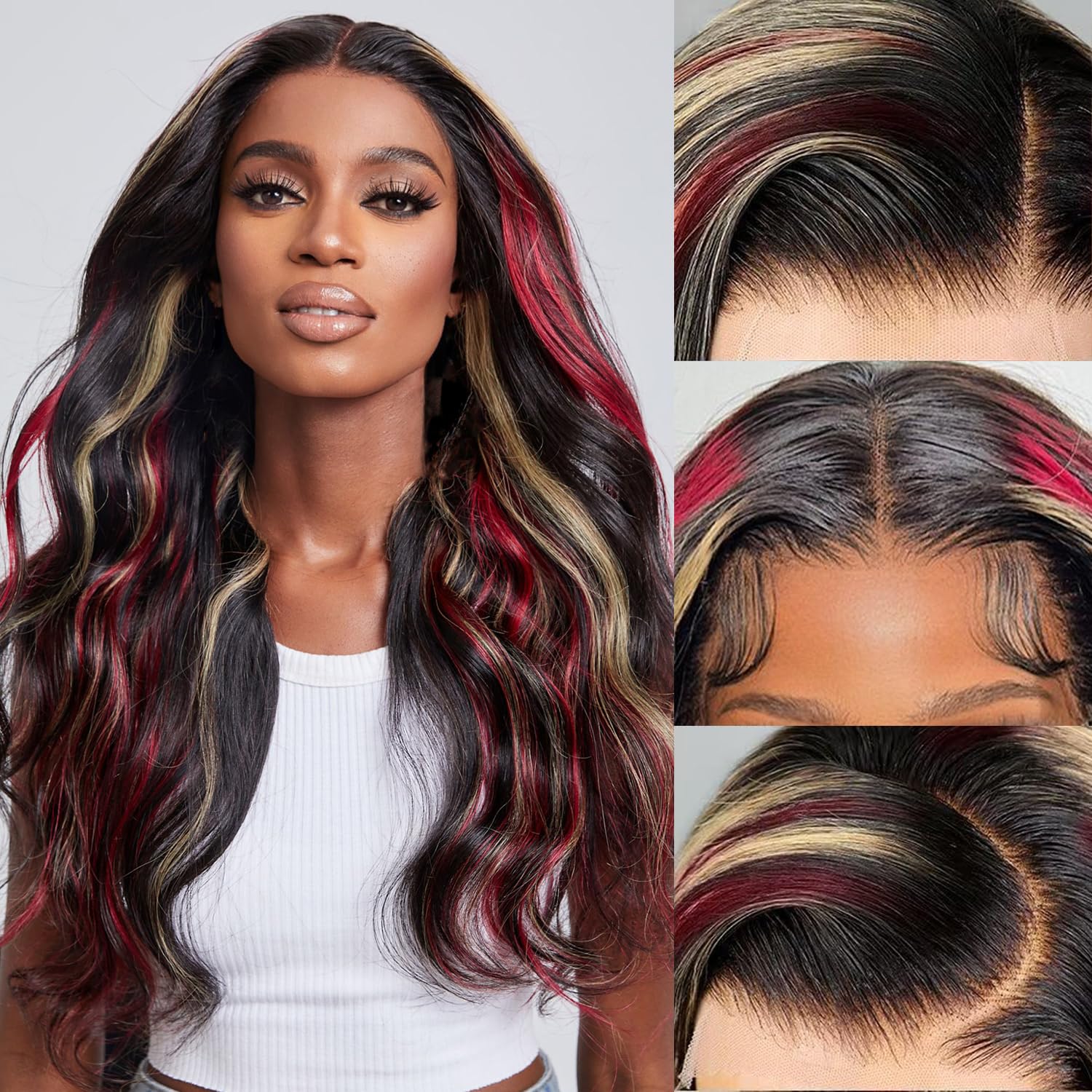 FABA Skunk Stripe Wigs Black Red Blonde Highlights Wig Human Hair 32 inch 13x4 HD Lace Front Wig Human Hair 180% Density Black a