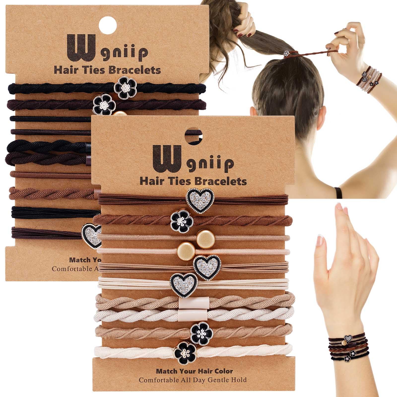 Wgniip 20 Pcs Boho Hair Ties for Women with Decoration, Hair Tie Bracelet for Thin and Thick Hair, No Damage Nylon Elastics, Gra