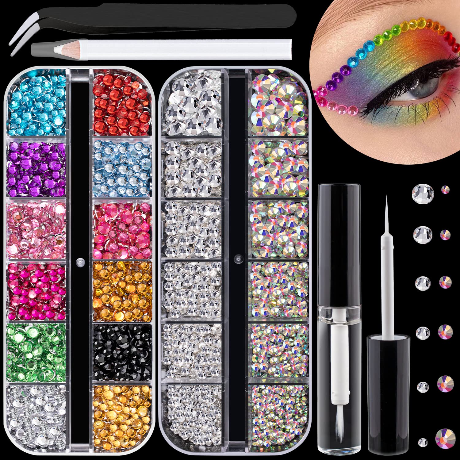 Flat Back Rhinestone Kits colorful Rhinestonescrystal ABTransparent White gems With Quick Dry Makeup gluePicker PencilTweezer Fo