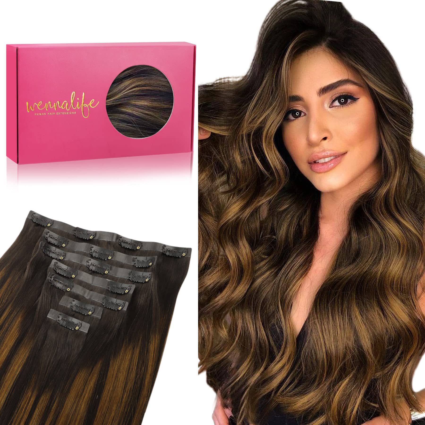 Wennalife Seamless Clip In Hair Extensions, 18 Inch 130G 7Pcs Balayage Dark Brown To Chestnut Brown Hair Extensions Clip In Huma
