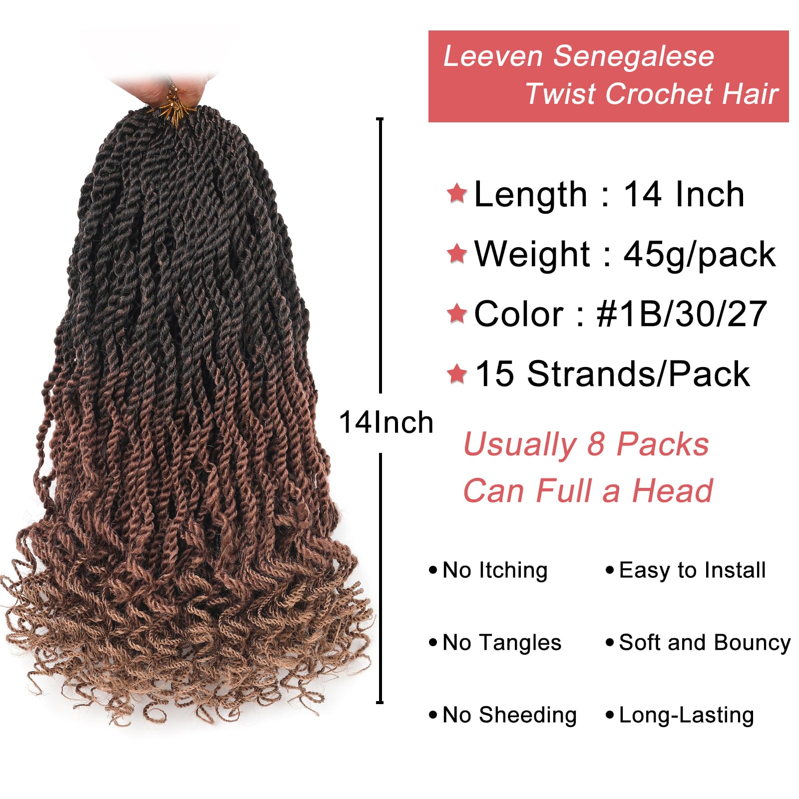 Leeven 14 Inch Senegalese Twist Crochet Hair With Curly Ends 2 Packs Ombre Blonde Brown Pre Looped Wavy Crochet Braids Small Han