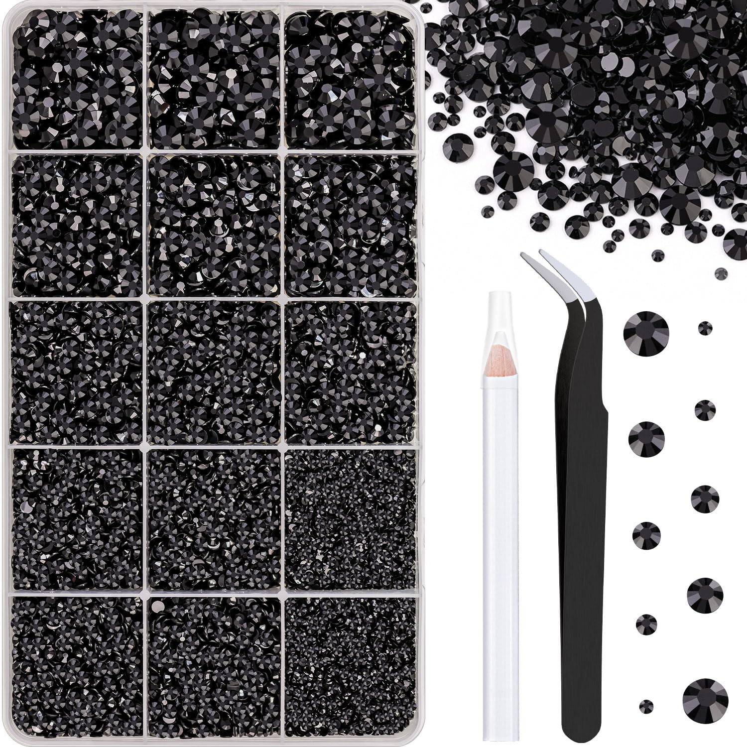 16000Pcs Resin Jelly Rhinestones with Tweezers for Crafting, Black 2-6mm Mixed Sizes Flatback Gems, Bedazzling Crystal for DIY C