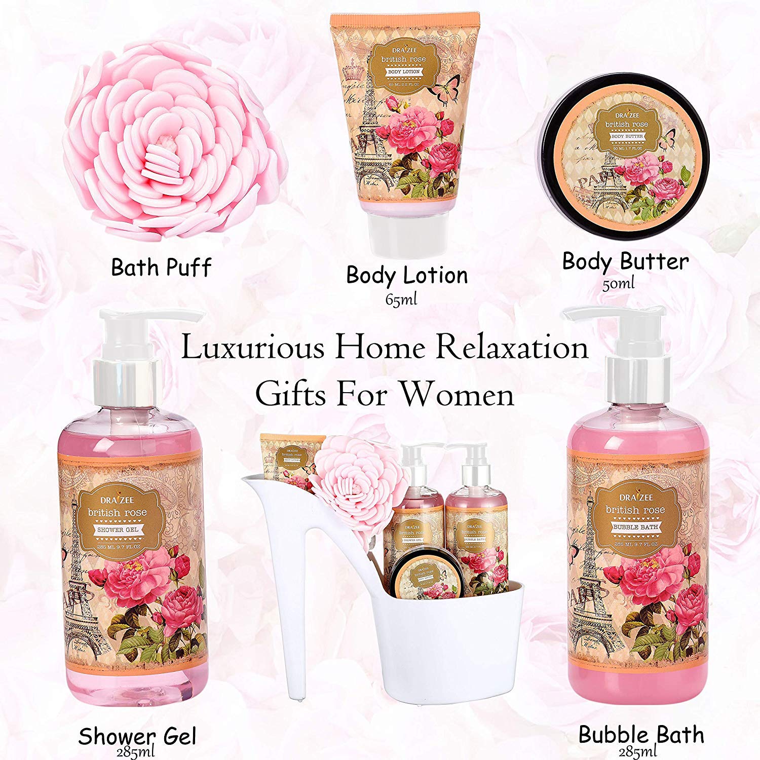 Gifts For Mom - Heel Shoe Spa Basket For Women 5 Pcs Rose Scented Home Relaxation Set W/ Body Lotion & Butter, Shower Gel, Bubbl