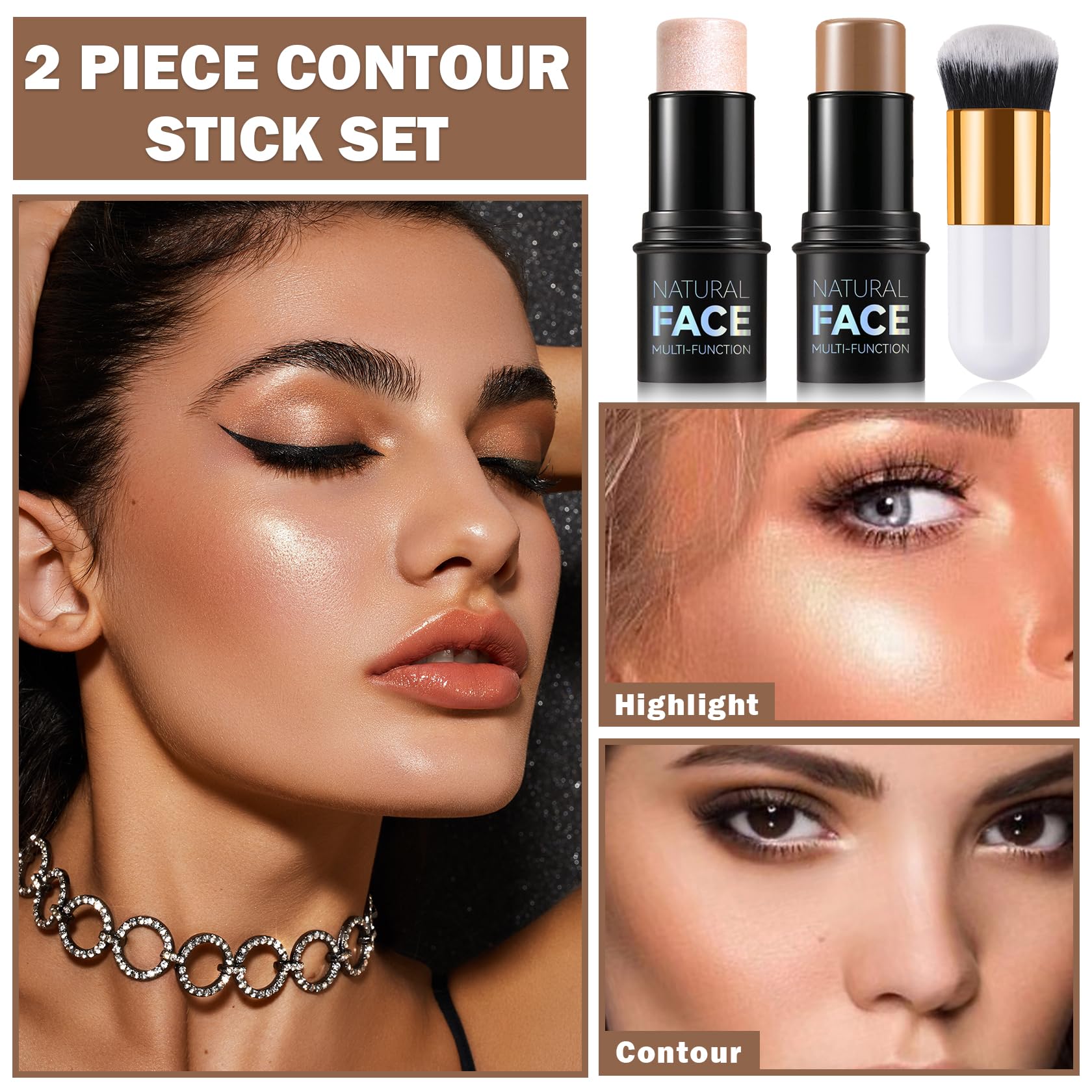 Qiufsse Bronzer Stick Highlighter Stick Cream Contour Stick Makeup,2Pcs Mineral Contour Kit With Contour Brush,Long Lasting & Sm