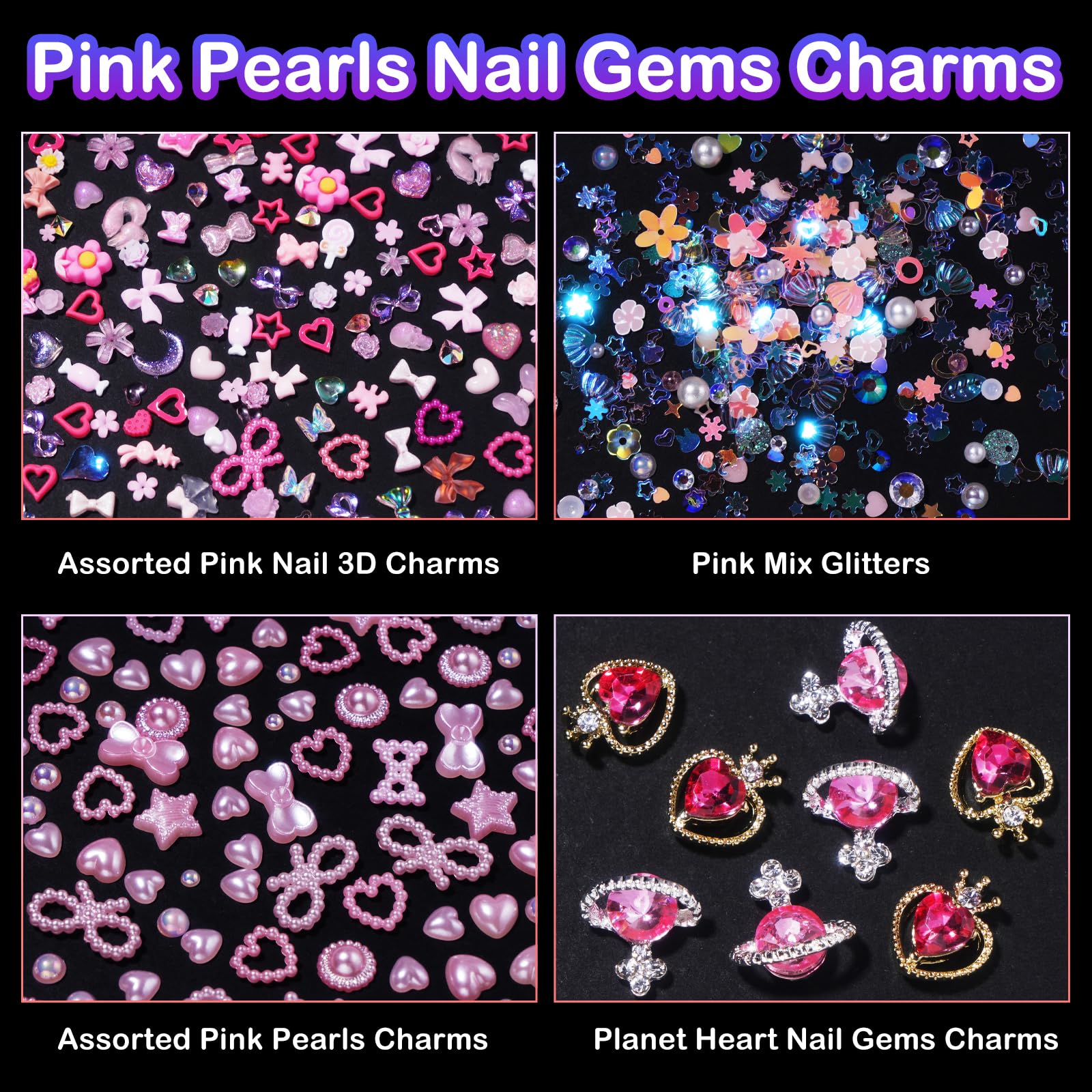 3D Pink Color Assorted Pearls Gems Nail Charms Heart Butterfly Bow Bear Nail Charms Star Bows Pearls Planet Nail Charms For Mani