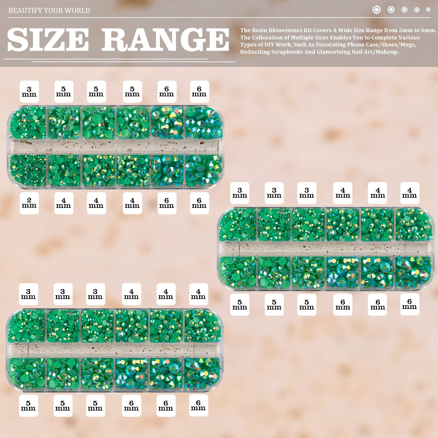 Belleboost 5000Pcs Resin Rhinestones Kits, 2/3/4/5/6Mm Flatback Jelly Rhinestones, 3 Box Dark Green Ab Non Hotfix Crystal Gems F