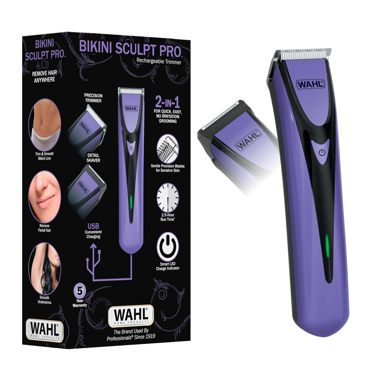 Wahl Bikini Sculpt Pro 2 in 1 USB Rechargeable Lithium-Ion Electric Shaver and Bikini Trimmer for Women - Face, Legs, Underarm, 