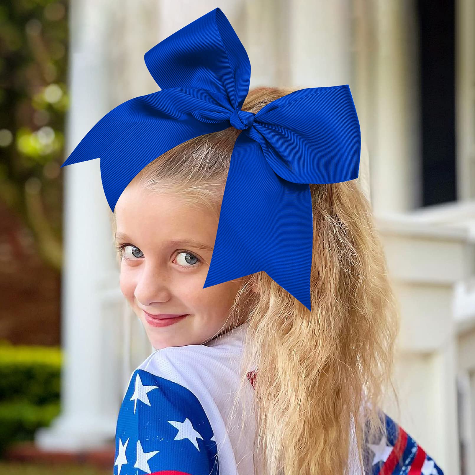 12Pcs 8'' Large Cheer Bow Blue Ponytail Holder Elastic Band Hair Ties Hair Bow Accessories For Cheerleading Teen Girls High Scho