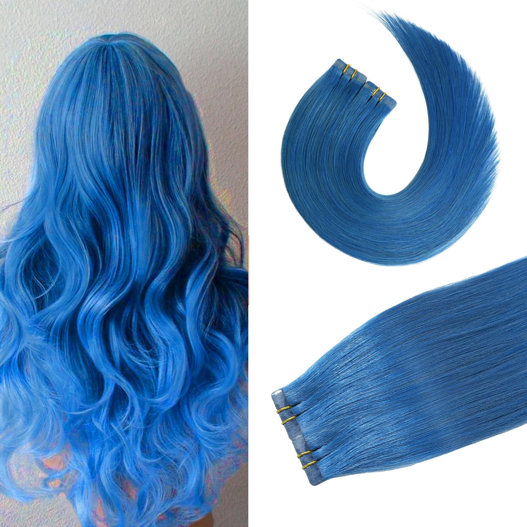 Aison Blue Tape In Hair Extensions 100% Real Remy Human Hair Extensions Silky Straight For Fashion Women 20 Pcs/Package(16Inch #