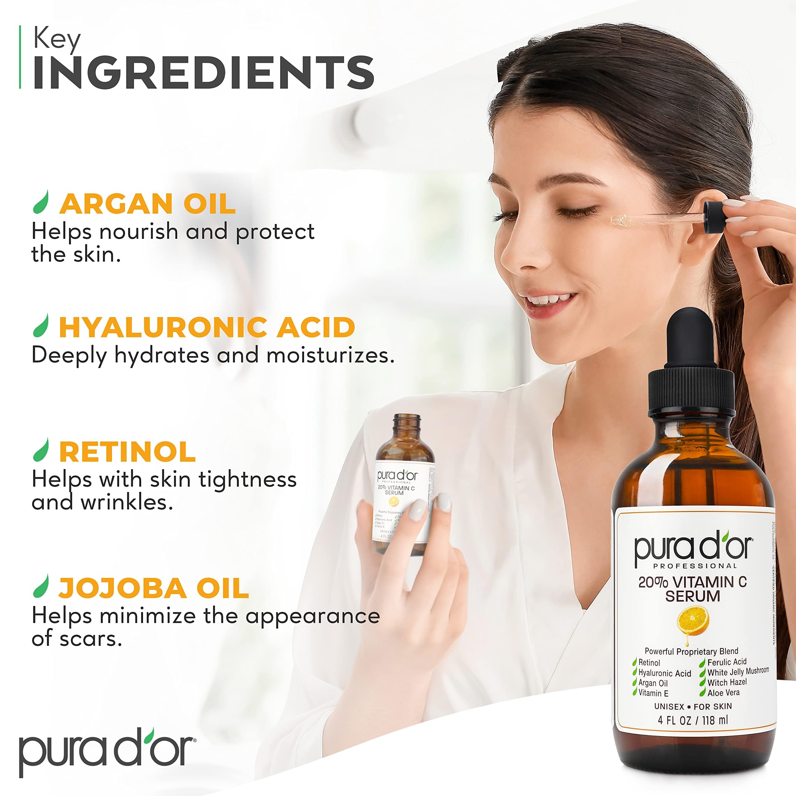 PURA D'OR 20% Vitamin C Serum (4oz BEST VALUE) Lightweight Maximum Strength Formula,Hyaluronic Acid,Retinol,Professional Grade T