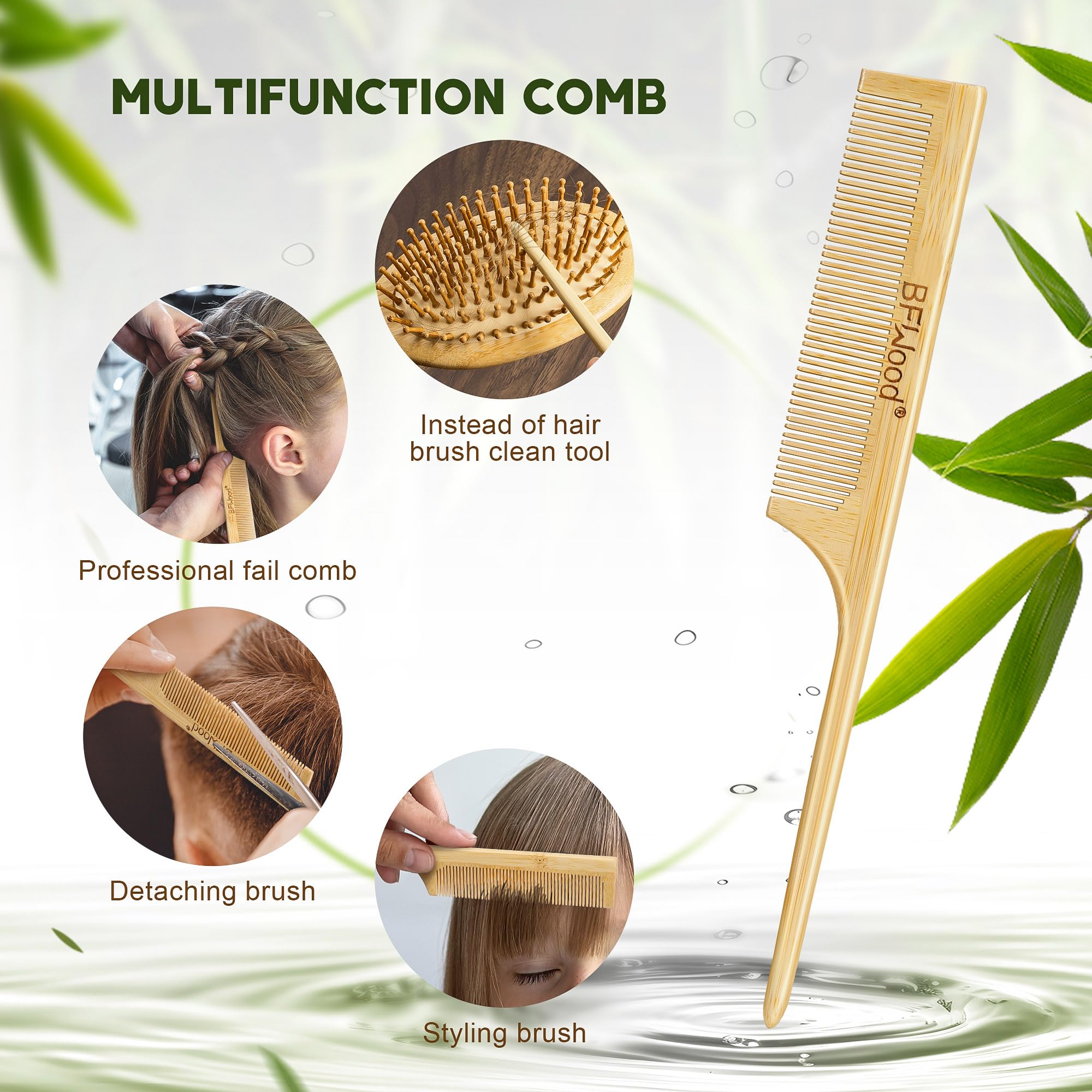 Bfwood Bamboo Hair Brush For Hair Growth, Natural Wooden Brush And Detangle Tail Comb Set, Paddle Hairbrush For Massaging Scalp,