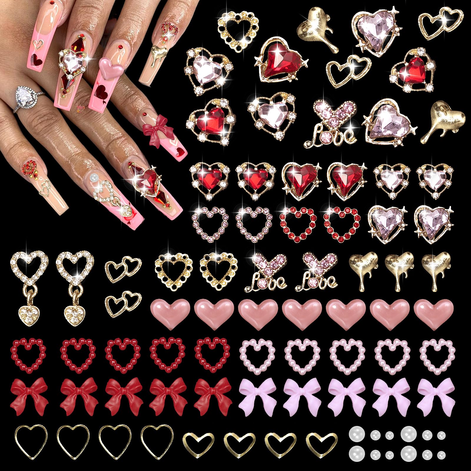 220 Pcs Valentines Heart Nail Charms, Heart Nail Rhinestone and Charms, Pink Red Heart Bows Nail Charm, Y2K Nail Charms Gems, Na