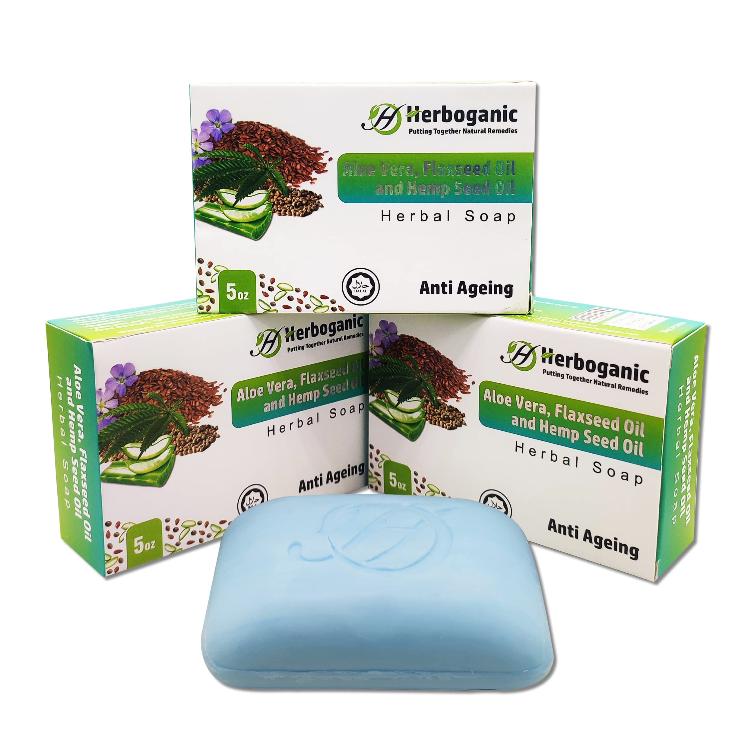 HERBOGANIC Aloe Vera Flaxseed and Hemp seed Herbal Soap | Pack of 3 of 5oz soap Bar | Natural Bar Soap for Face and Body | Hydra