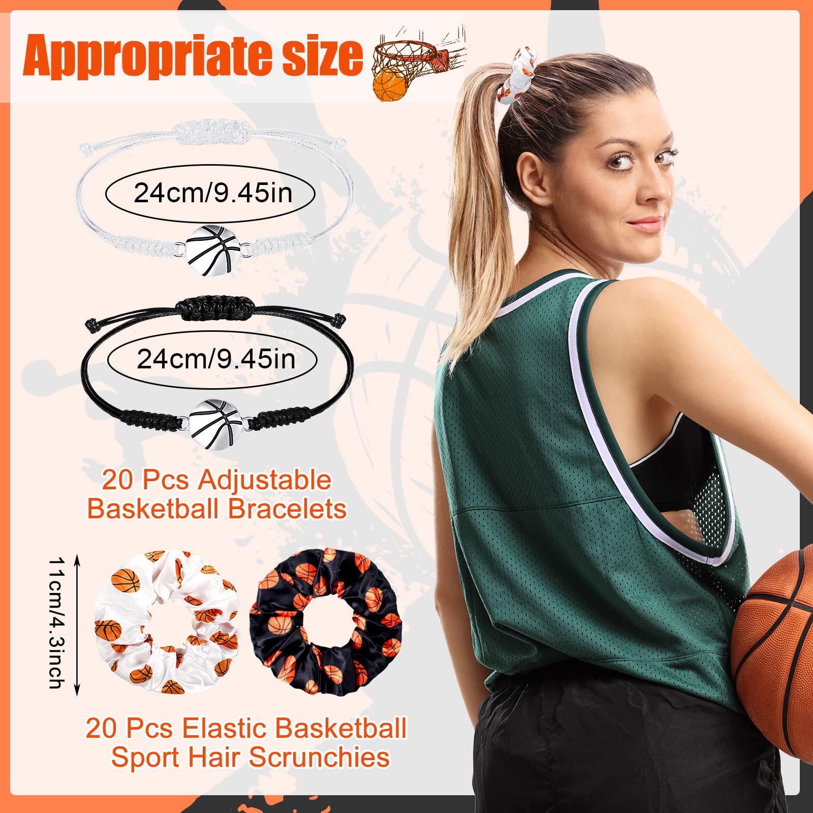 40 Pcs Basketball Accessories Set - 20 Adjustable Bracelets and 20 Elastic Hair Scrunchies - Sport Gifts for Girls, Teens, Playe
