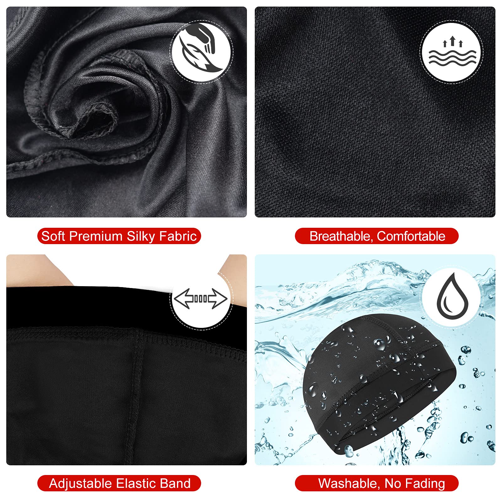 DURALA 2PCS Silky Stocking Wave Caps for Men, Compression Doo Rags, 95% Polyester, Black, Model 2B-DOME-C1