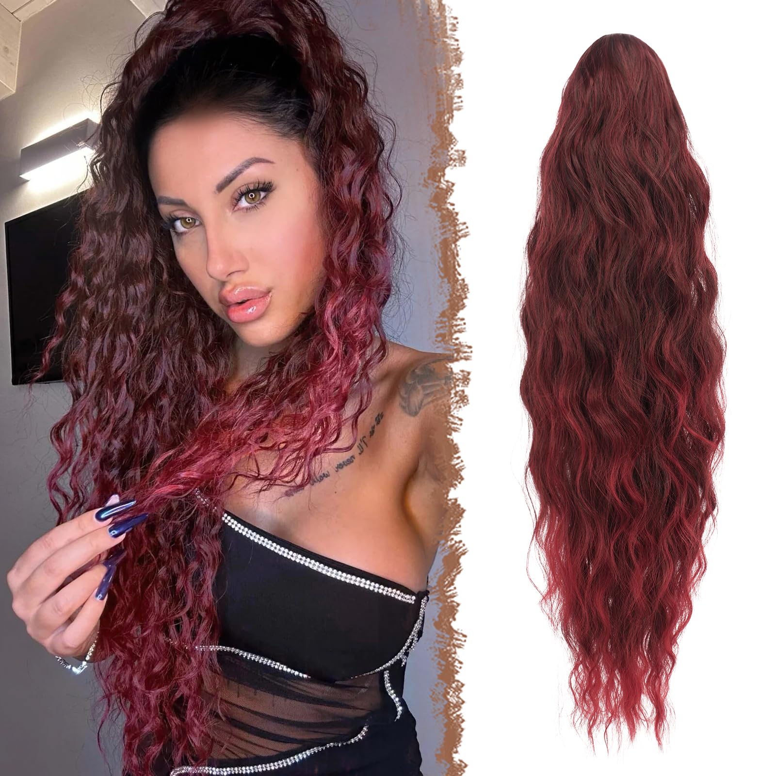FESHFEN Ponytail Extensions - 26 inch Drawstring Long Curly Wavy Clip in Ponytails Synthetic Hair Piece Pony Tail Hairpieces for