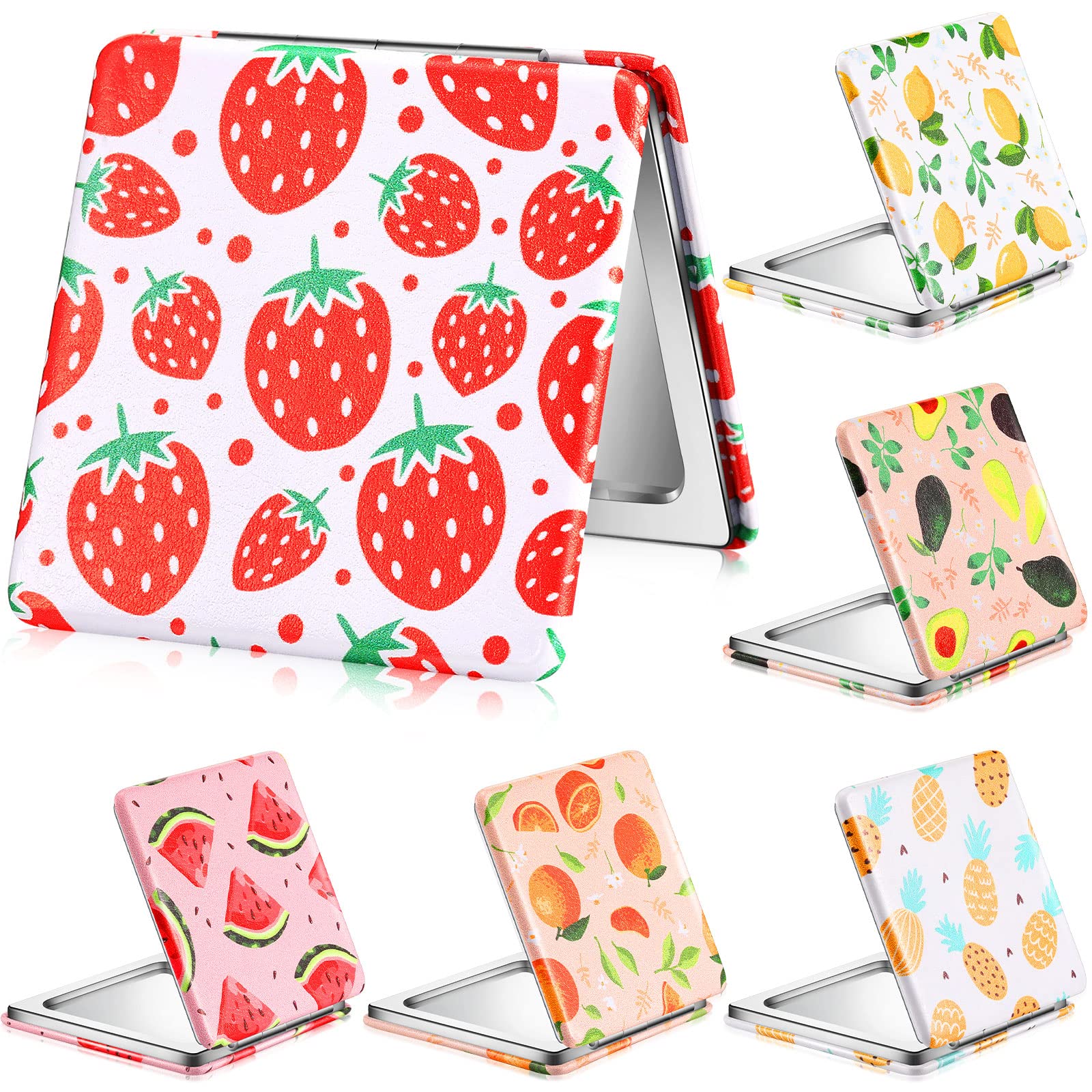 Vicenpal Compact Mirrors Small Pocket Mirror Fruit Design Mini Magnifying Portable Makeup Compact Mirror Pu Leather Double Sided